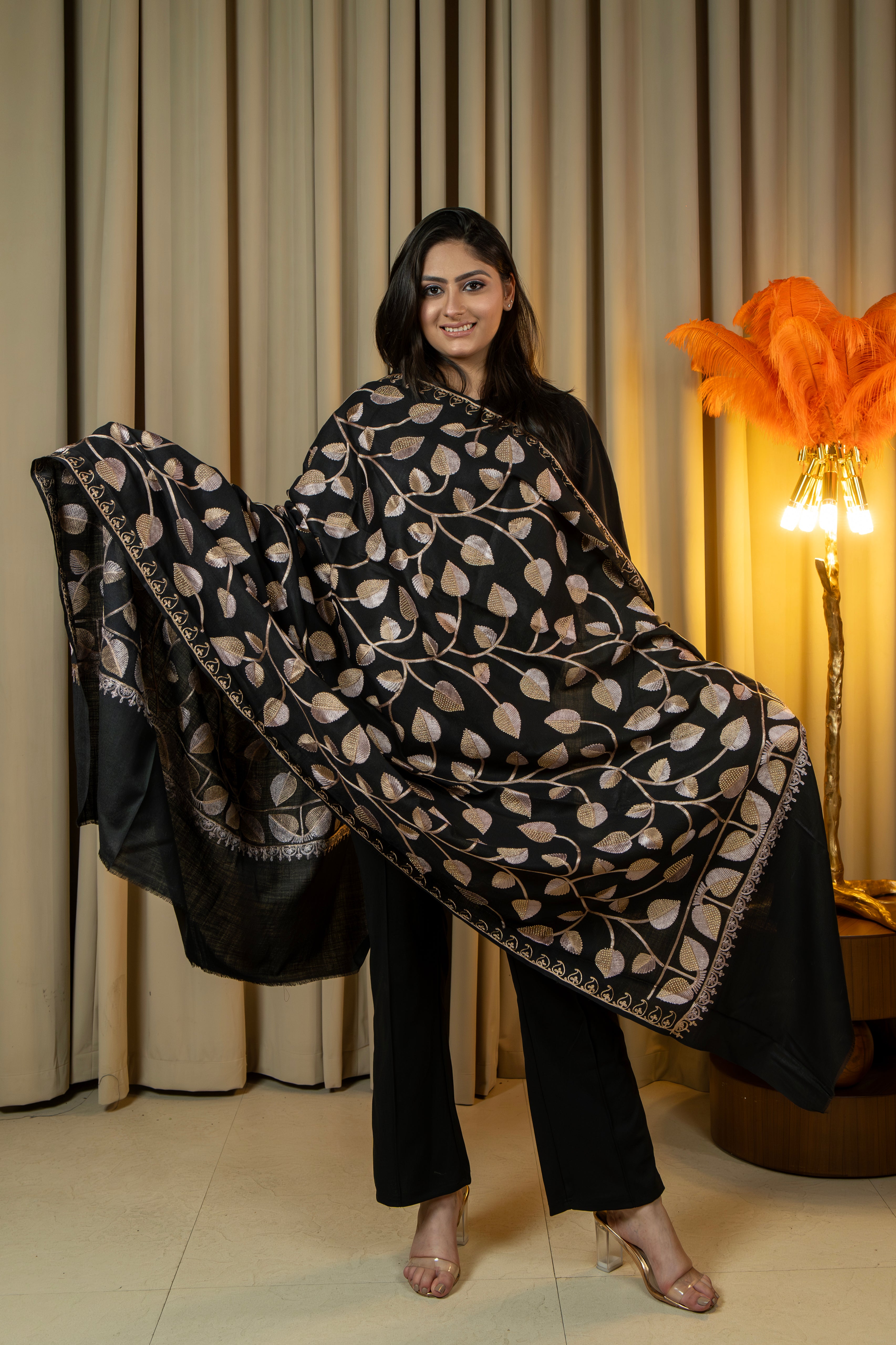 Aari Embroidered Black Poly Wool Shawl With Swarovski For Women