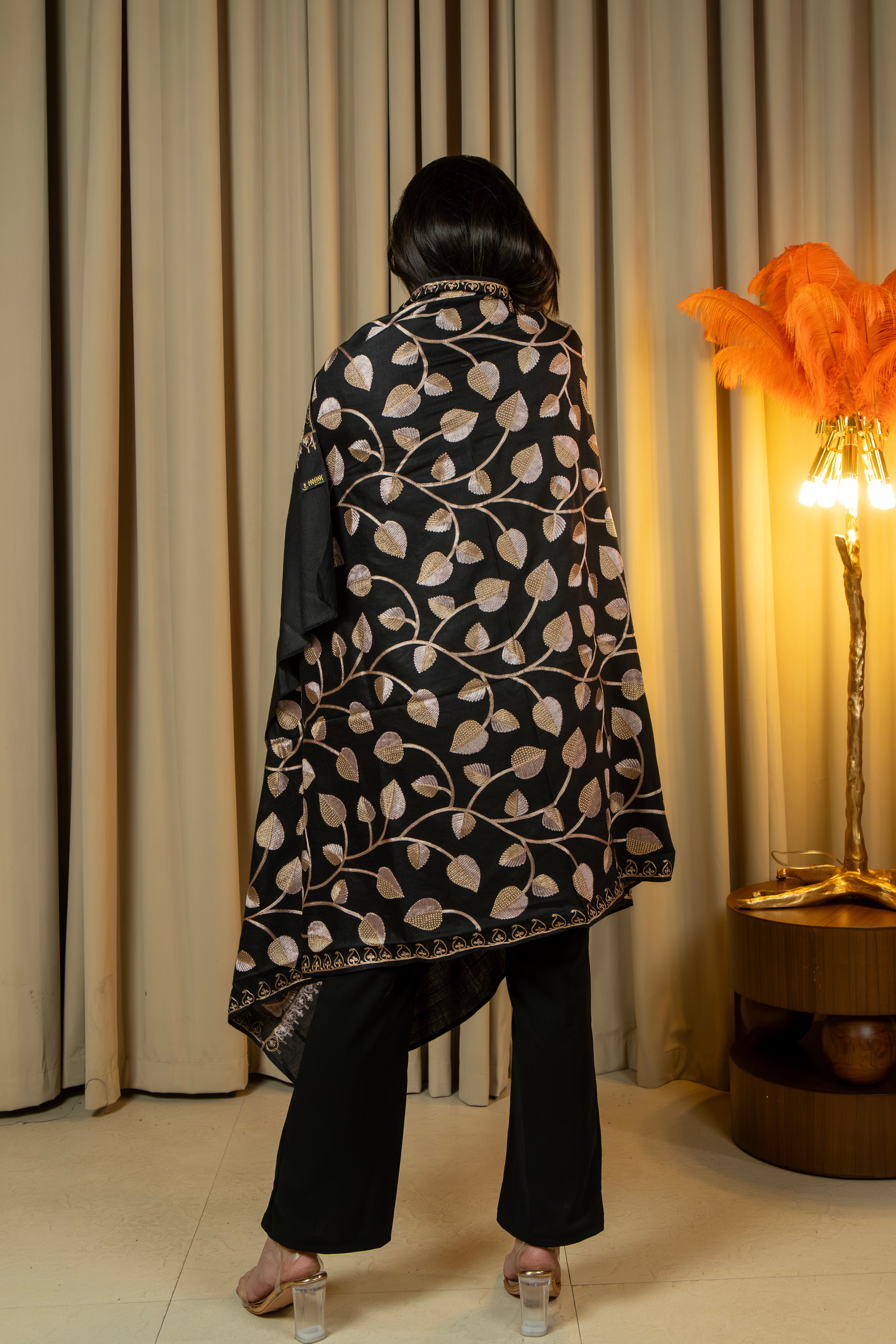 Aari Embroidered Black Poly Wool Shawl With Swarovski For Women
