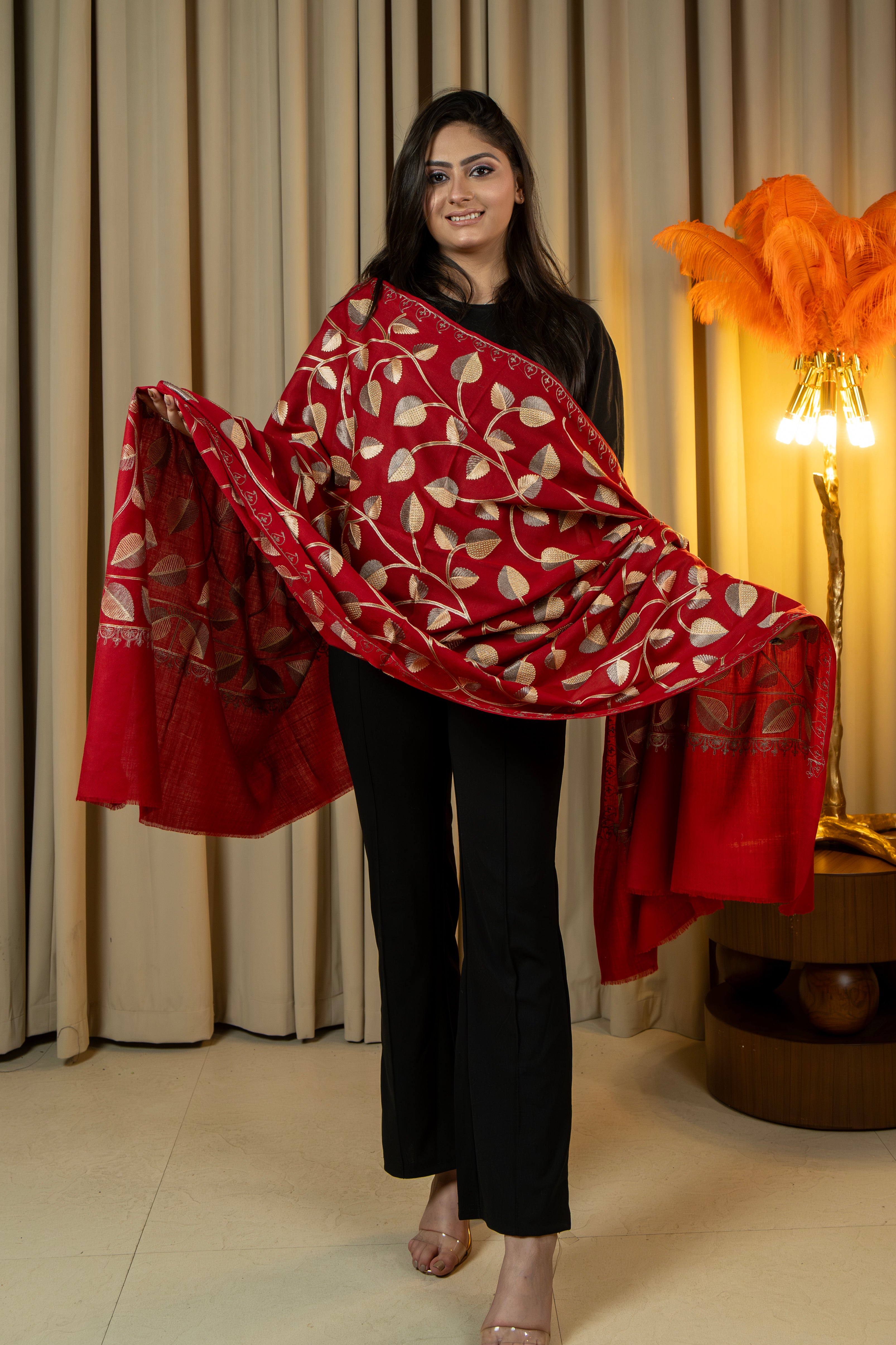 Aari Embroidered Red Poly Wool Shawl With Swarovski For Women