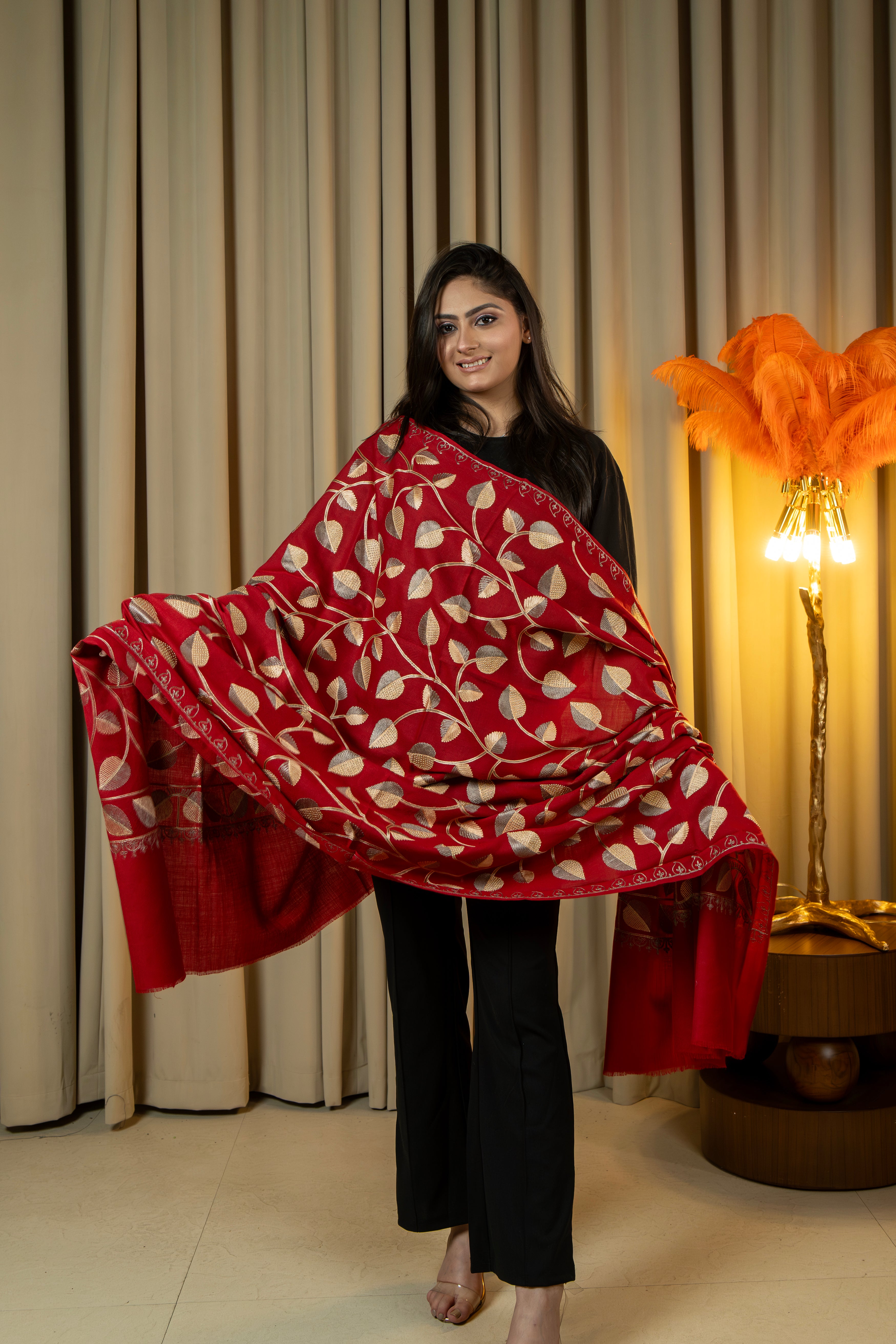 Aari Embroidered Red Poly Wool Shawl With Swarovski For Women