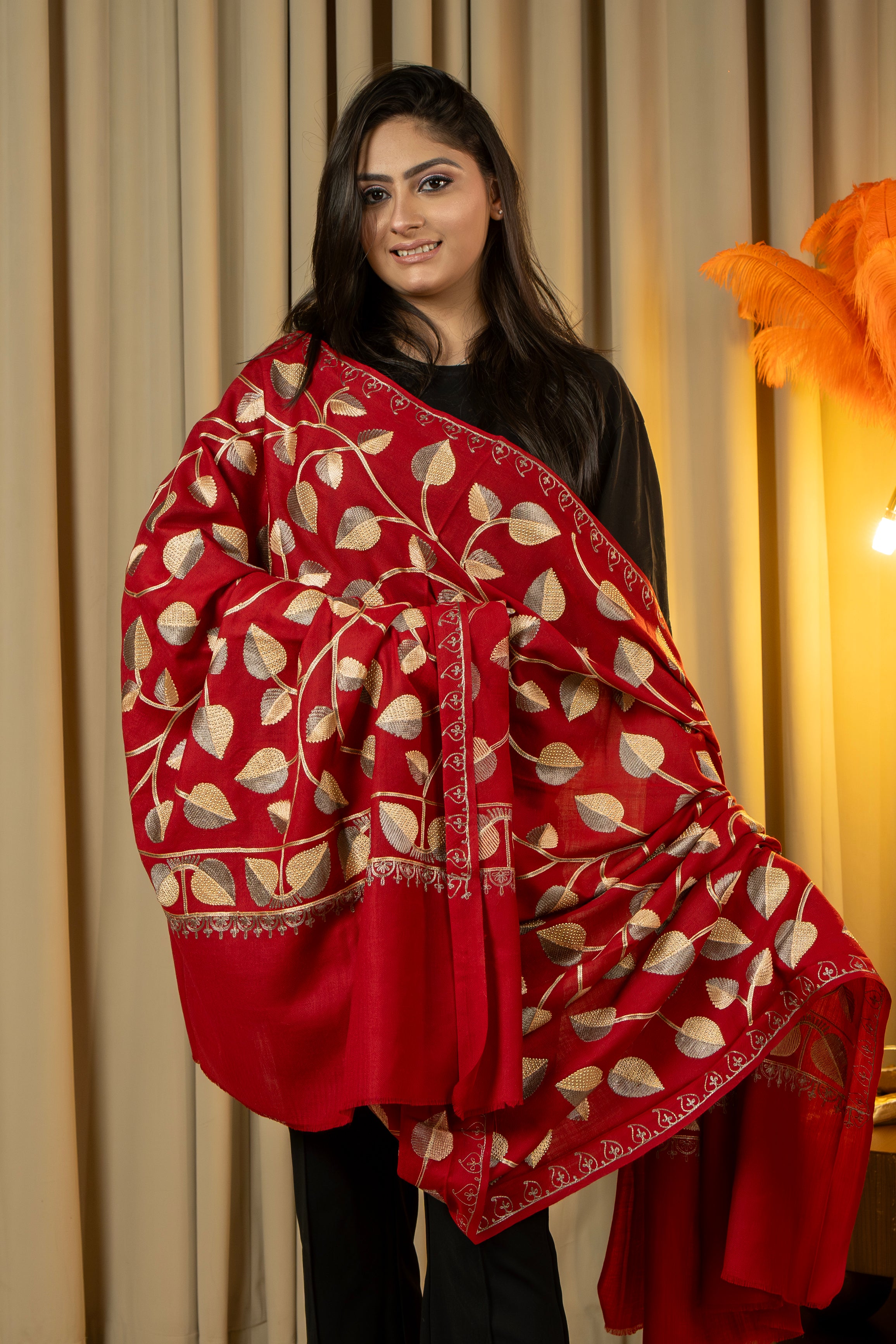 Aari Embroidered Red Poly Wool Shawl With Swarovski For Women