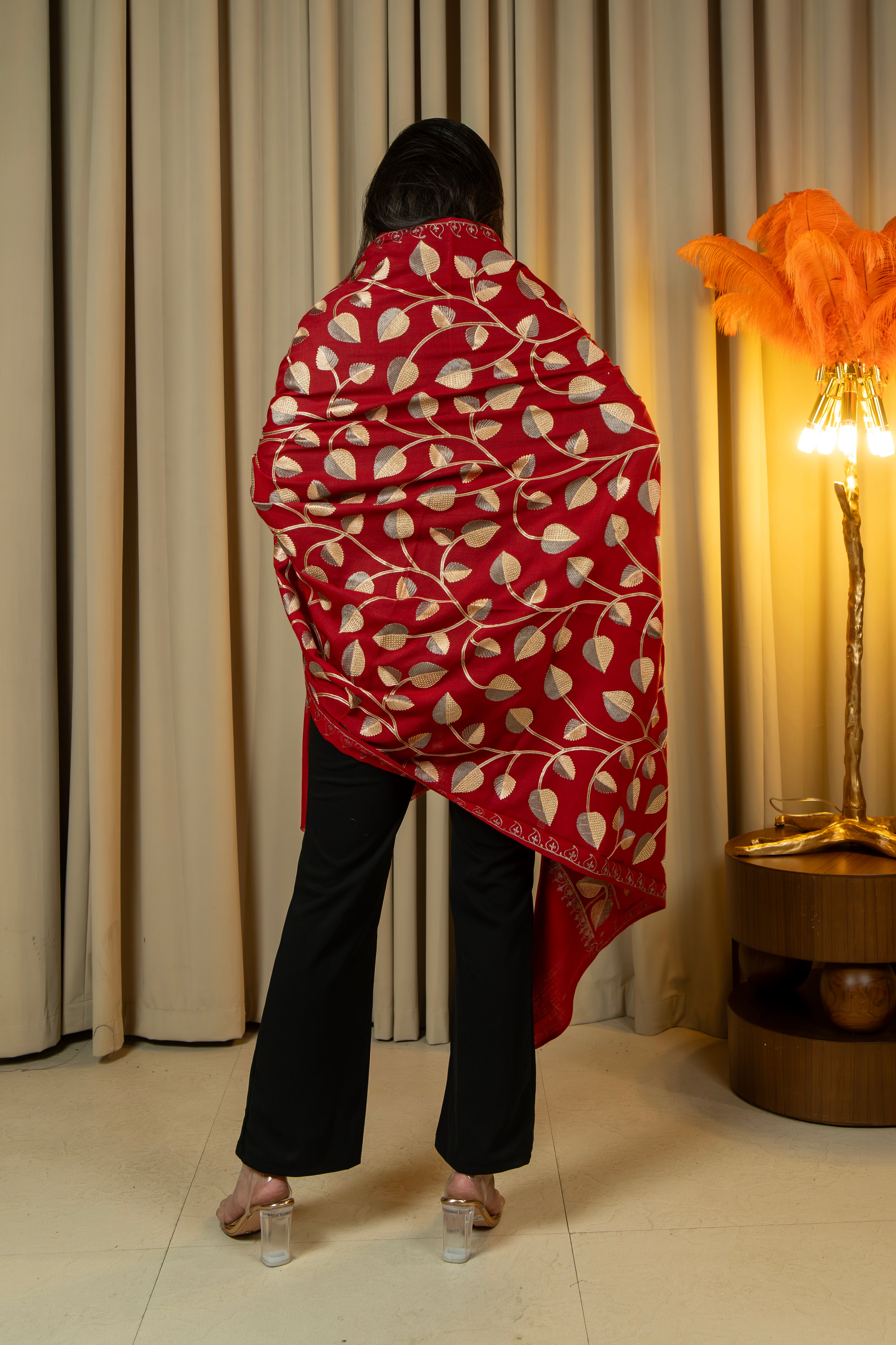 Aari Embroidered Red Poly Wool Shawl With Swarovski For Women