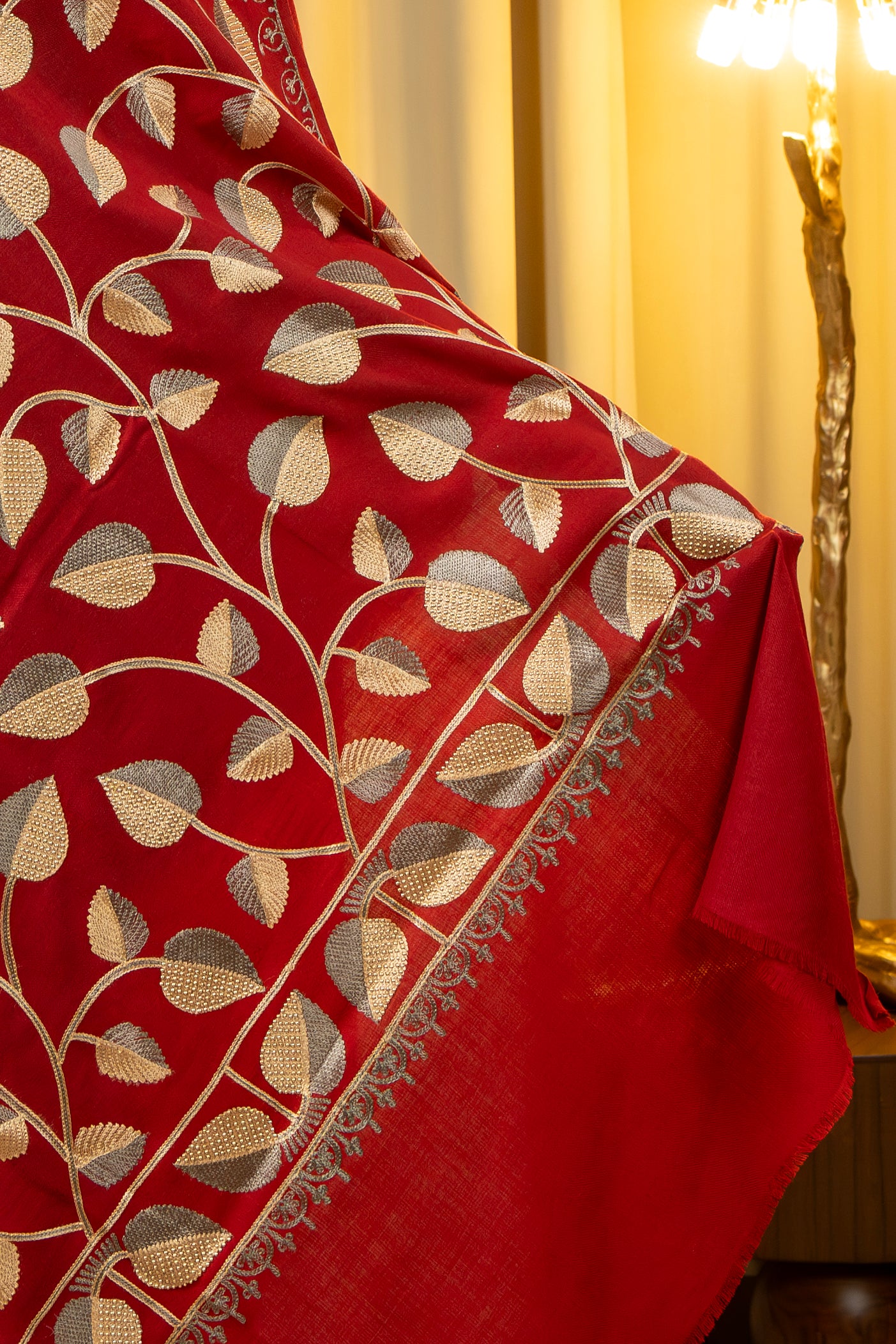Aari Embroidered Red Poly Wool Shawl With Swarovski For Women