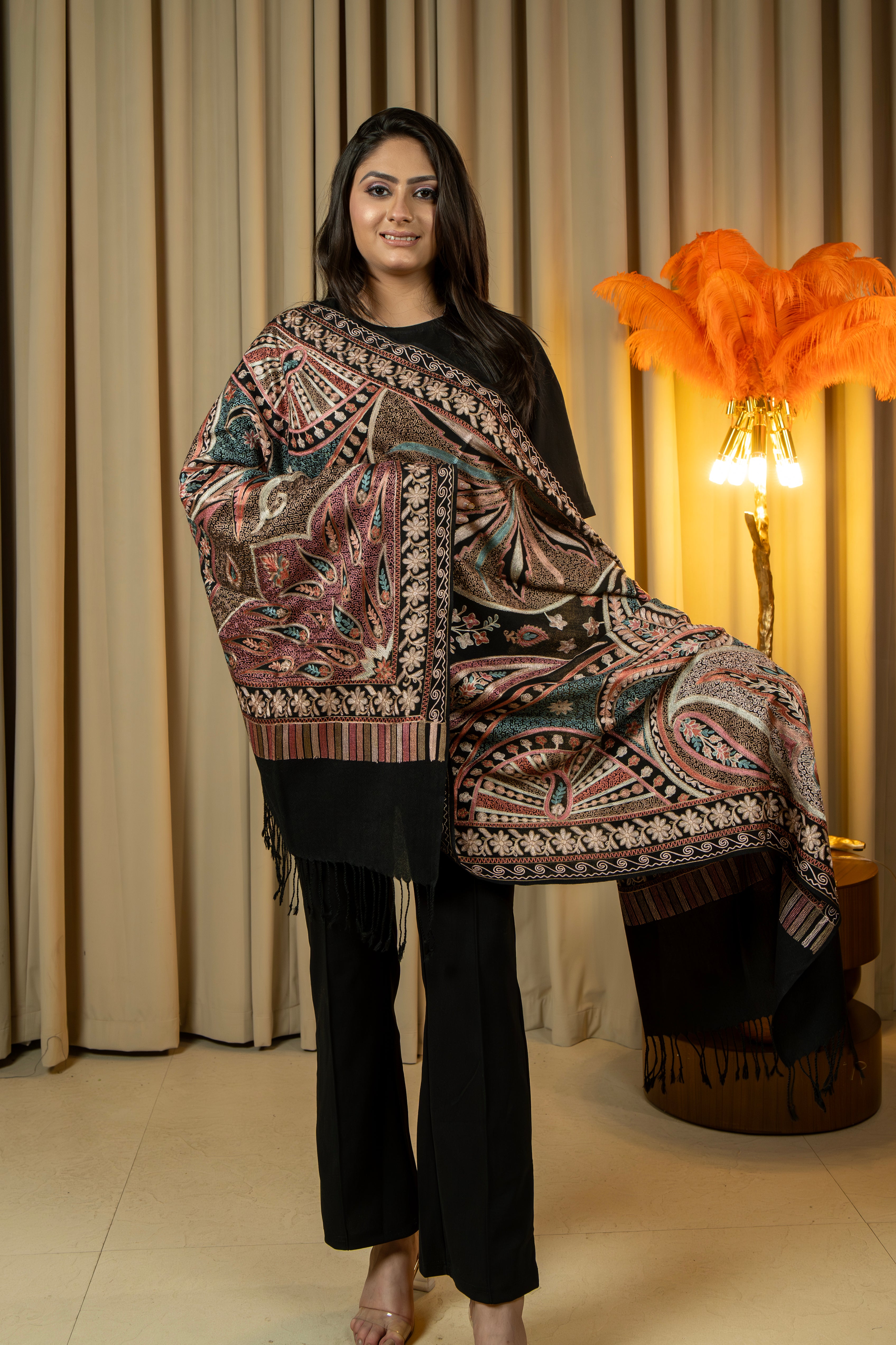 Aari Embroidered Black Pure Wool Stole For Women