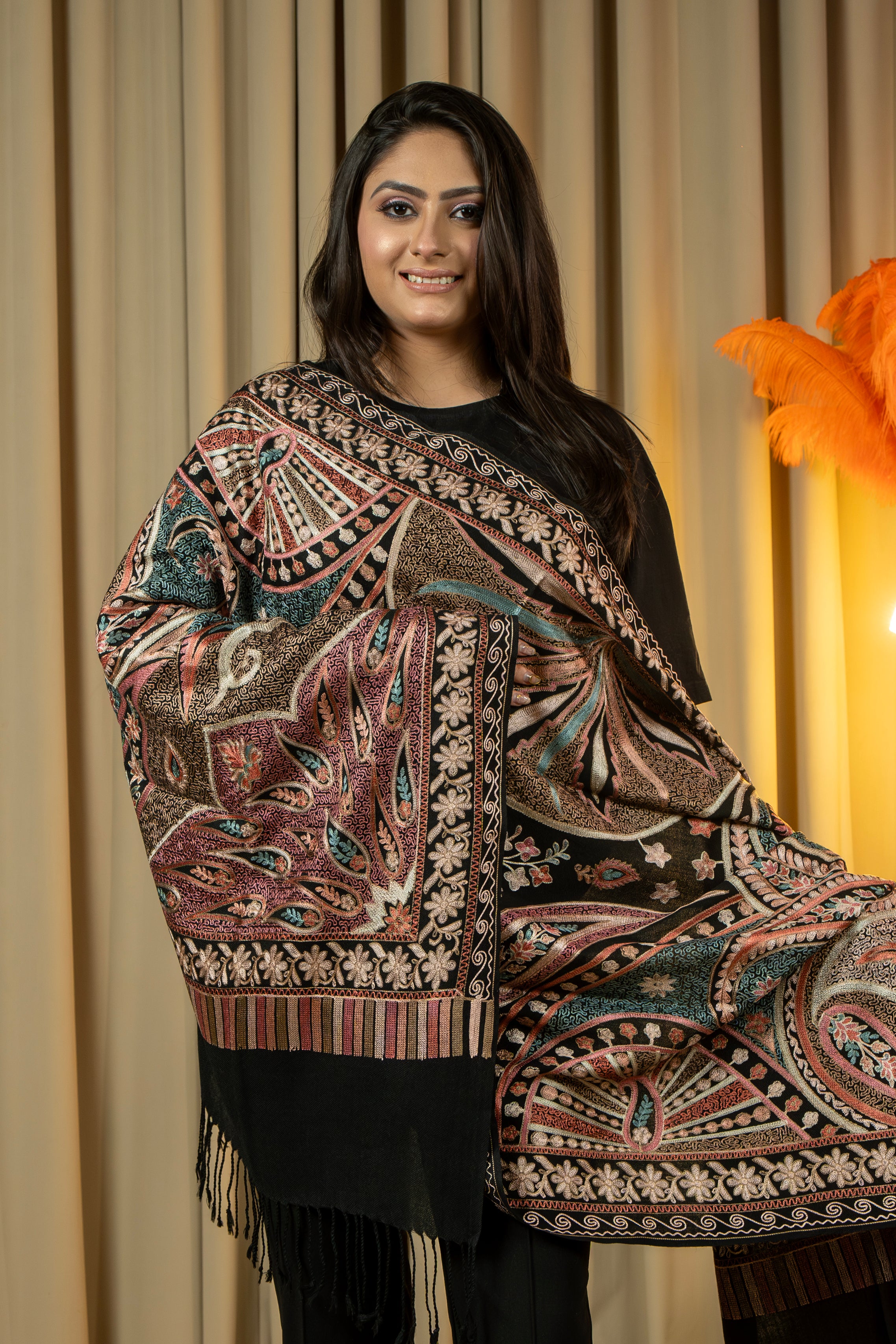 Aari Embroidered Black Pure Wool Stole For Women