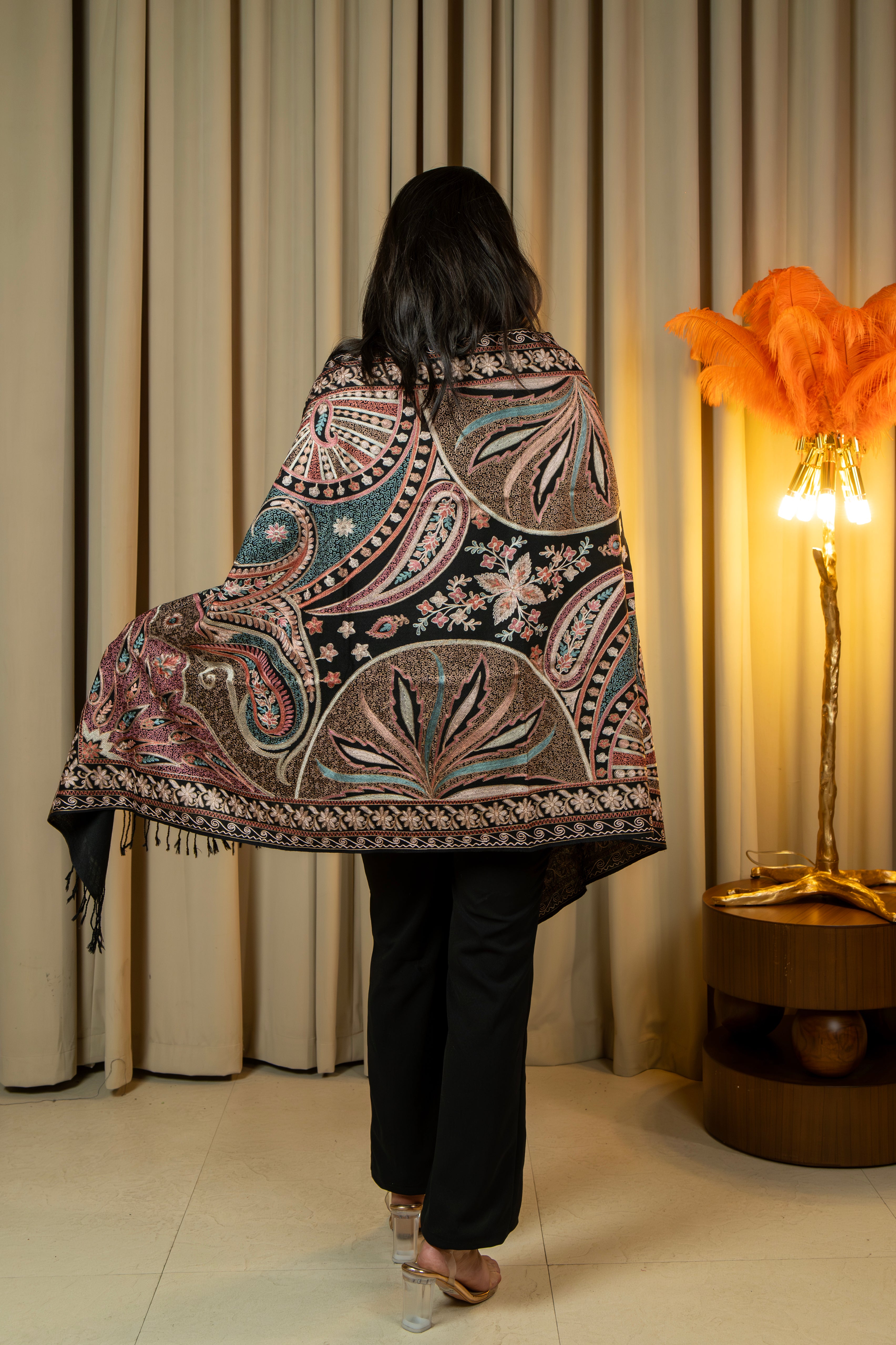 Aari Embroidered Black Pure Wool Stole For Women