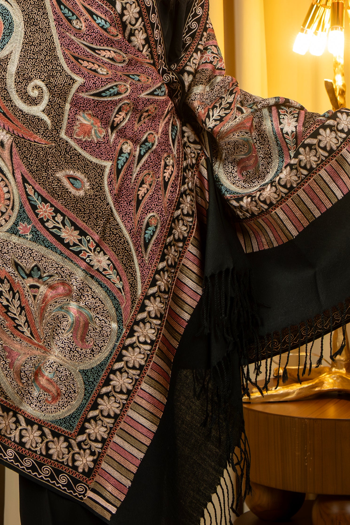 Aari Embroidered Black Pure Wool Stole For Women