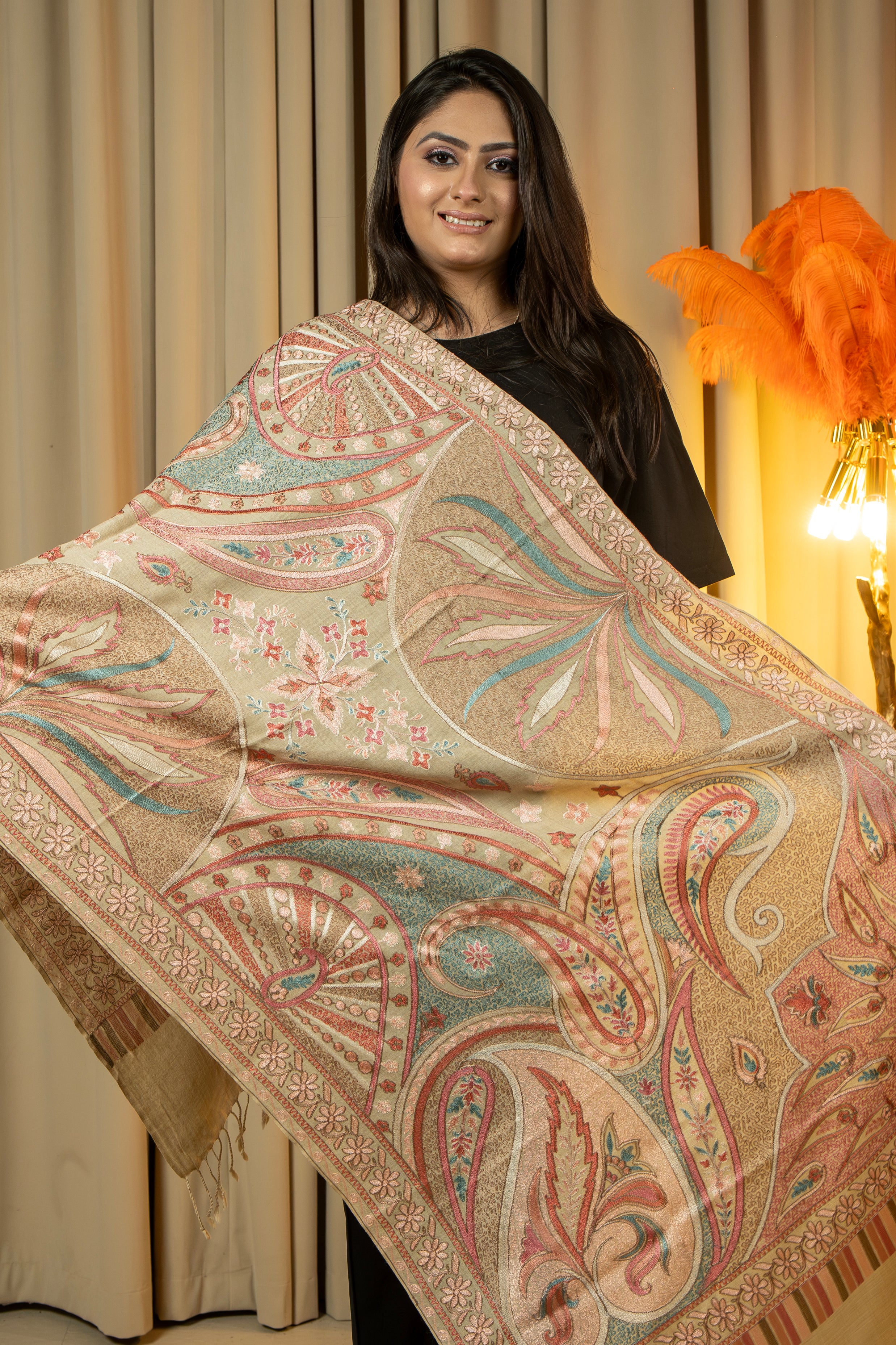 Aari Embroidered Beige Pure Wool Stole For Women