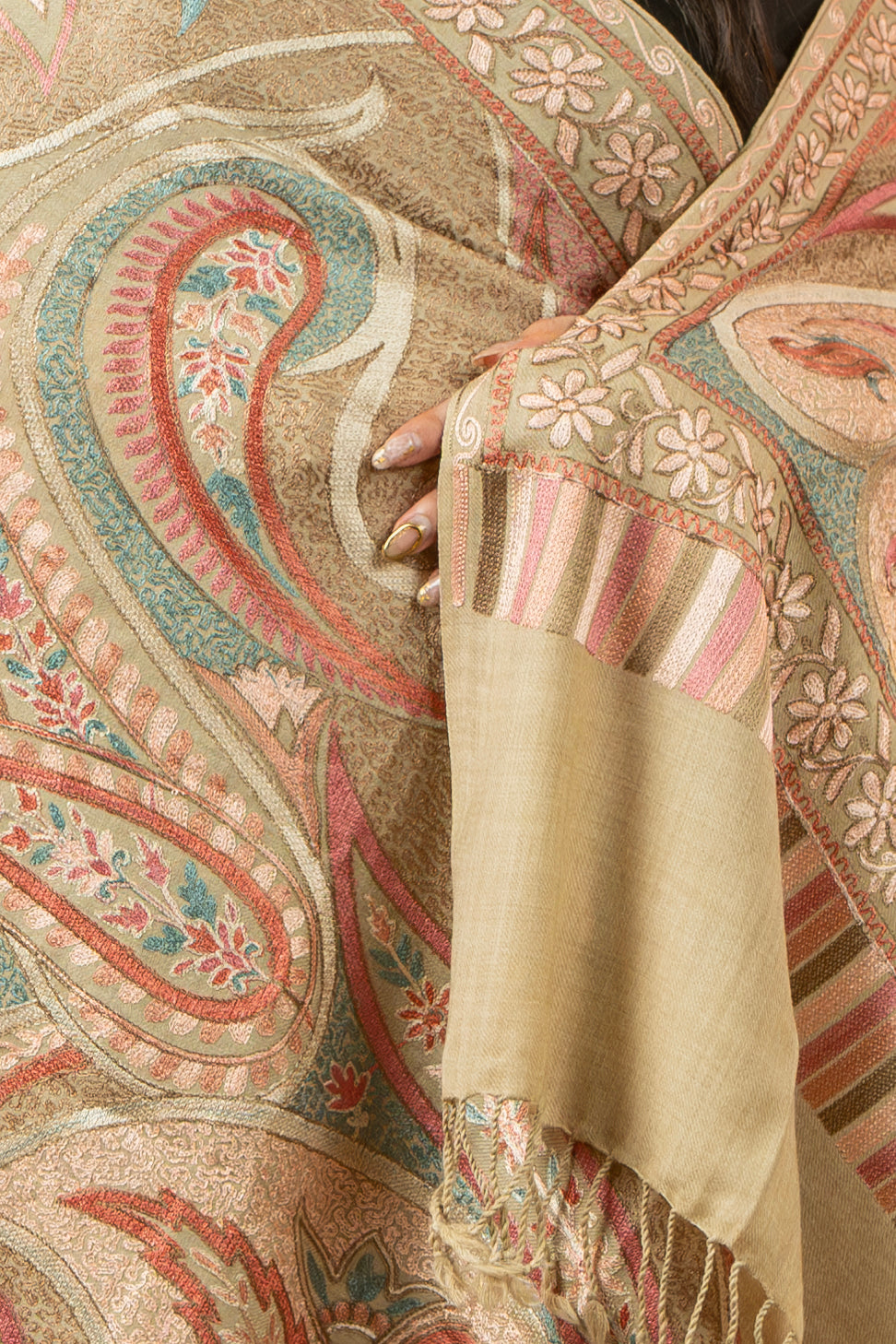 Aari Embroidered Beige Pure Wool Stole For Women