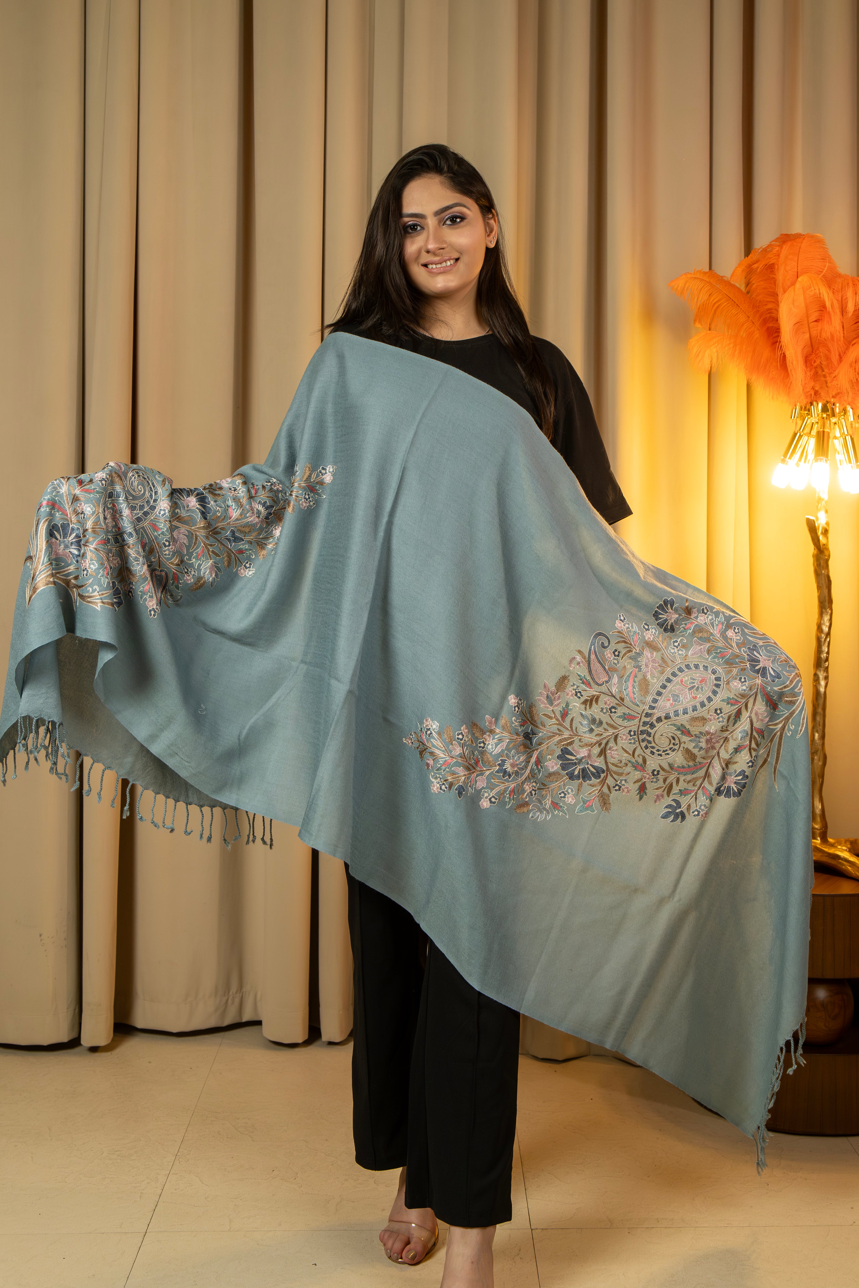 Aari Embroidered Grey Pure Wool Stole For Women