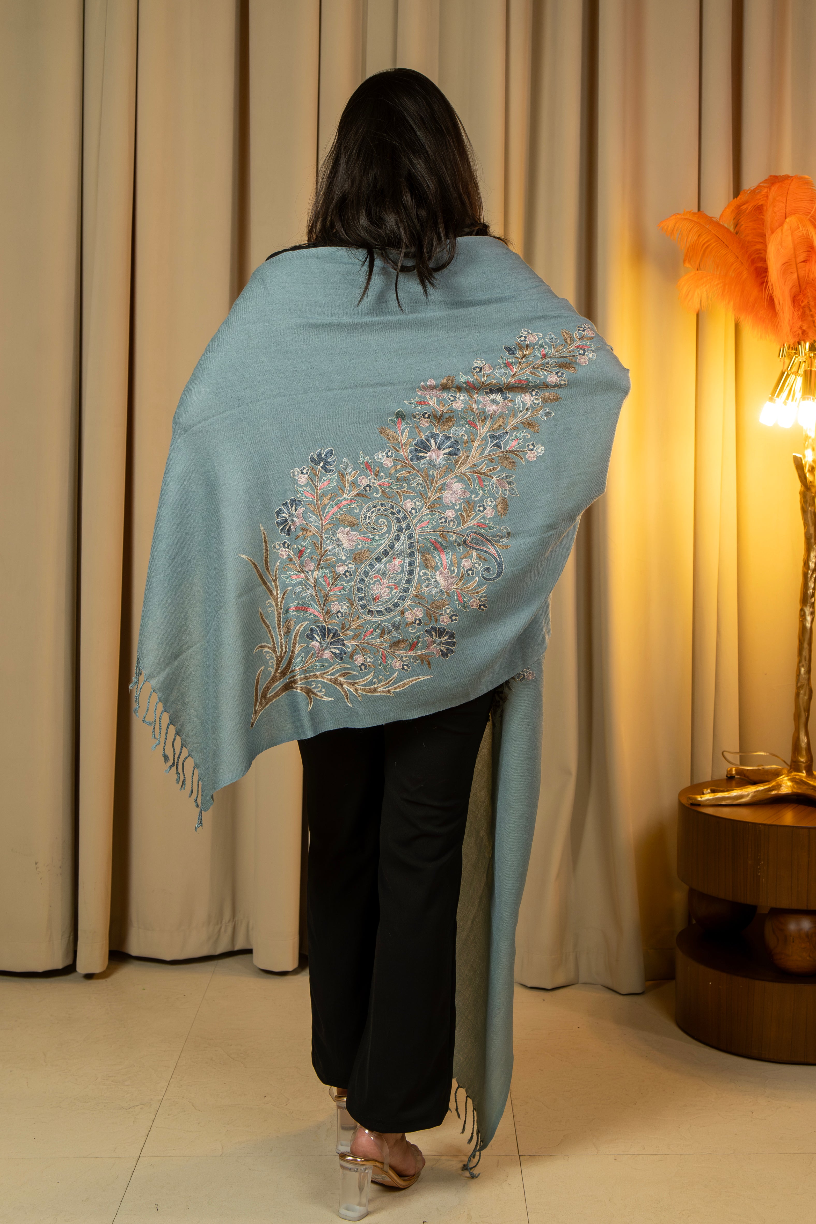 Aari Embroidered Grey Pure Wool Stole For Women