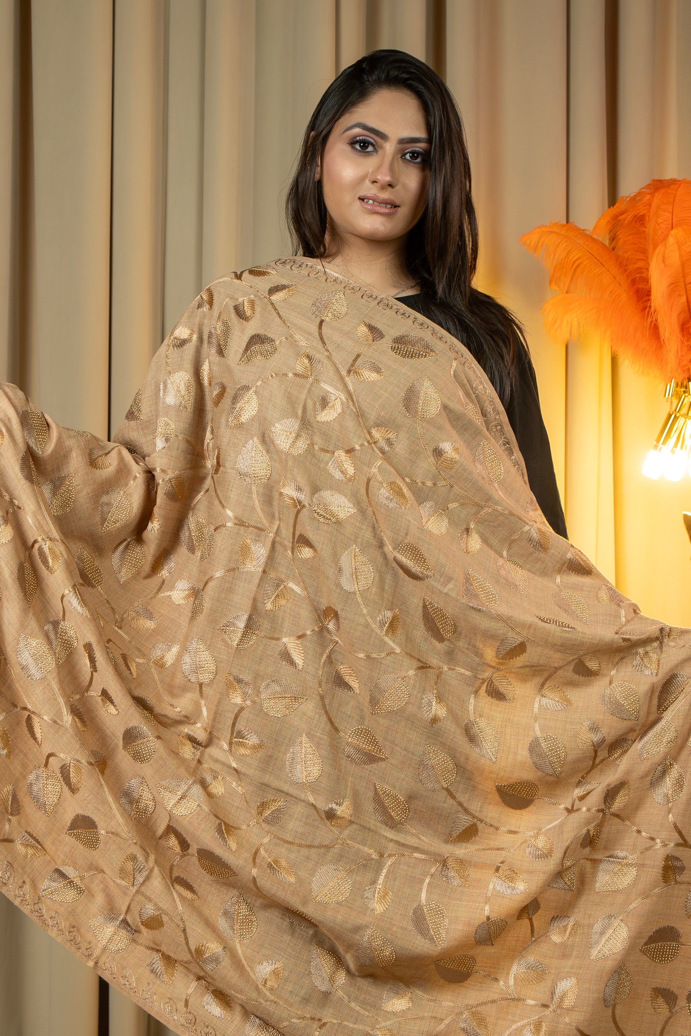 Aari Embroidered Beige Poly Wool Shawl With Swarovski For Women