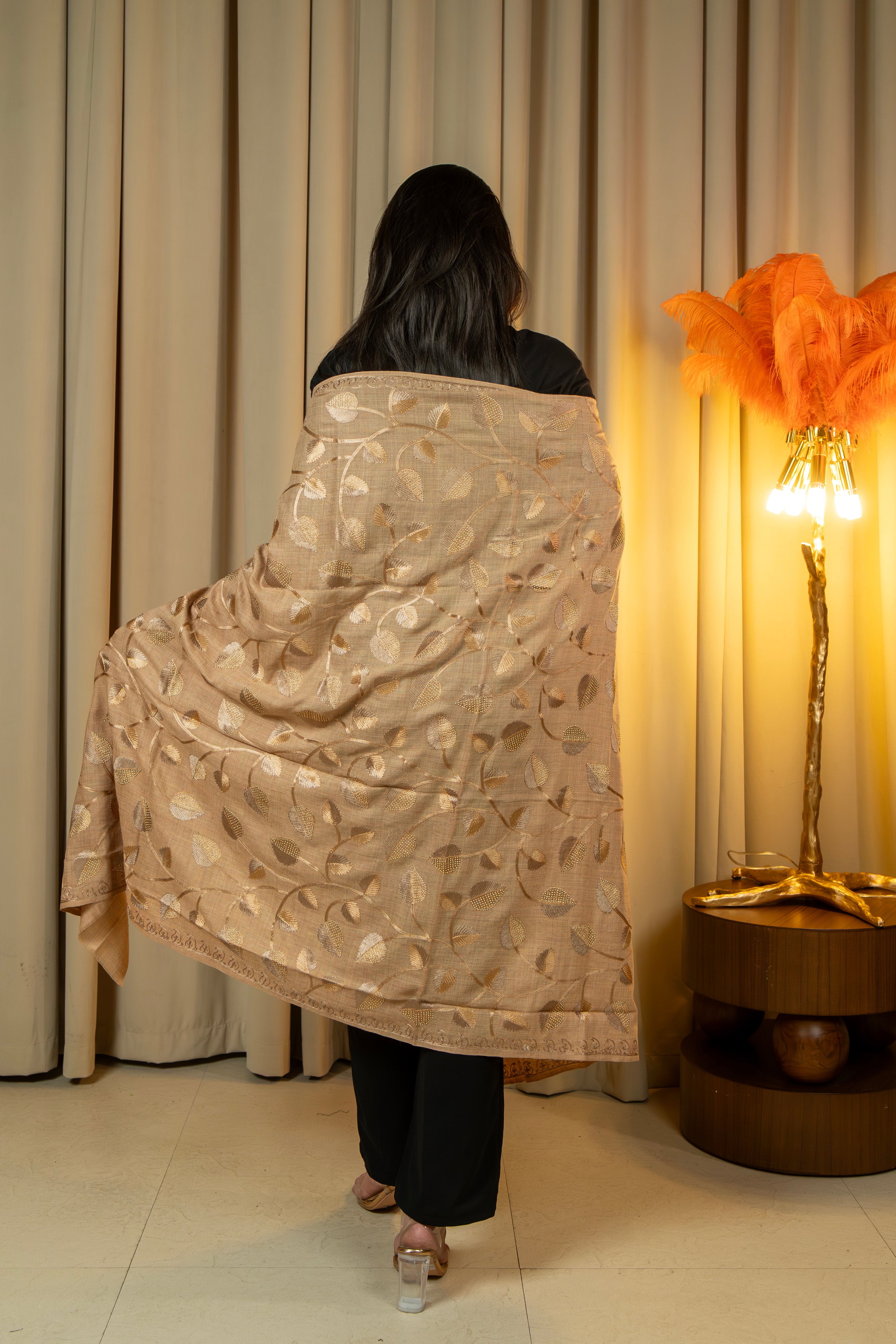 Aari Embroidered Beige Poly Wool Shawl With Swarovski For Women