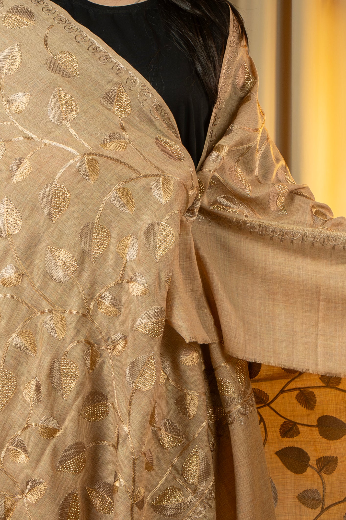Aari Embroidered Beige Poly Wool Shawl With Swarovski For Women