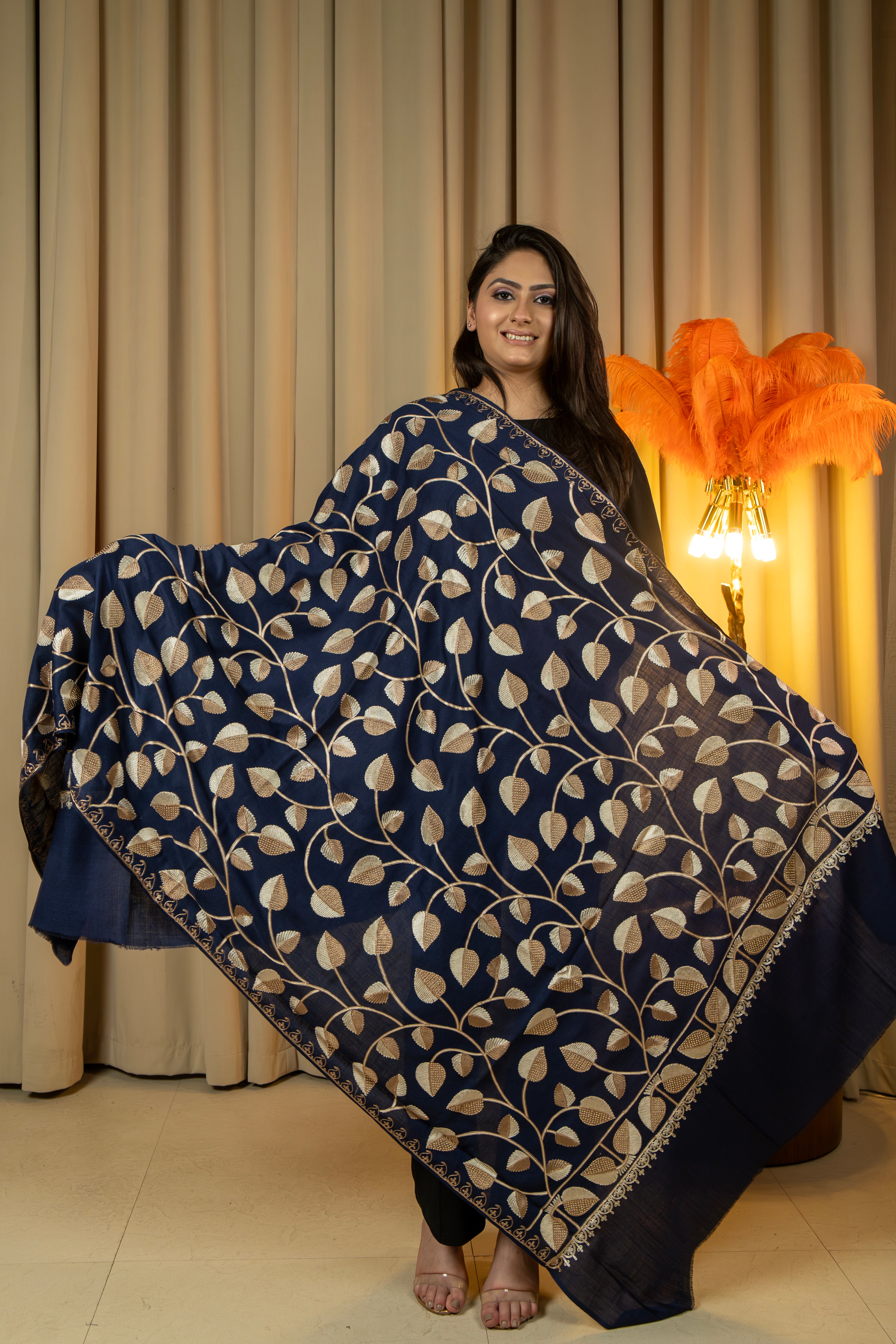 Aari Embroidered Navy Poly Wool Shawl With Swarovski For Women