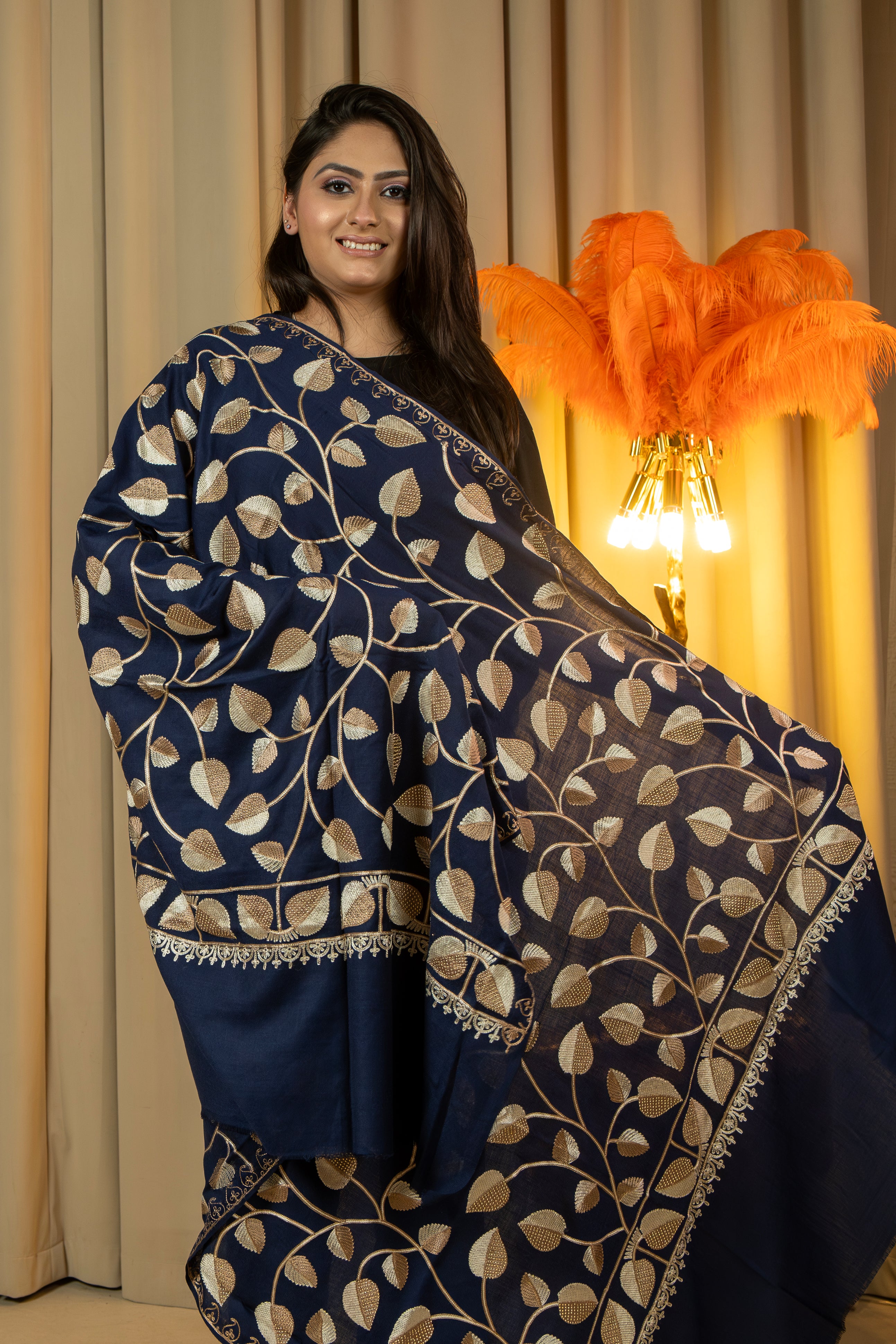 Aari Embroidered Navy Poly Wool Shawl With Swarovski For Women
