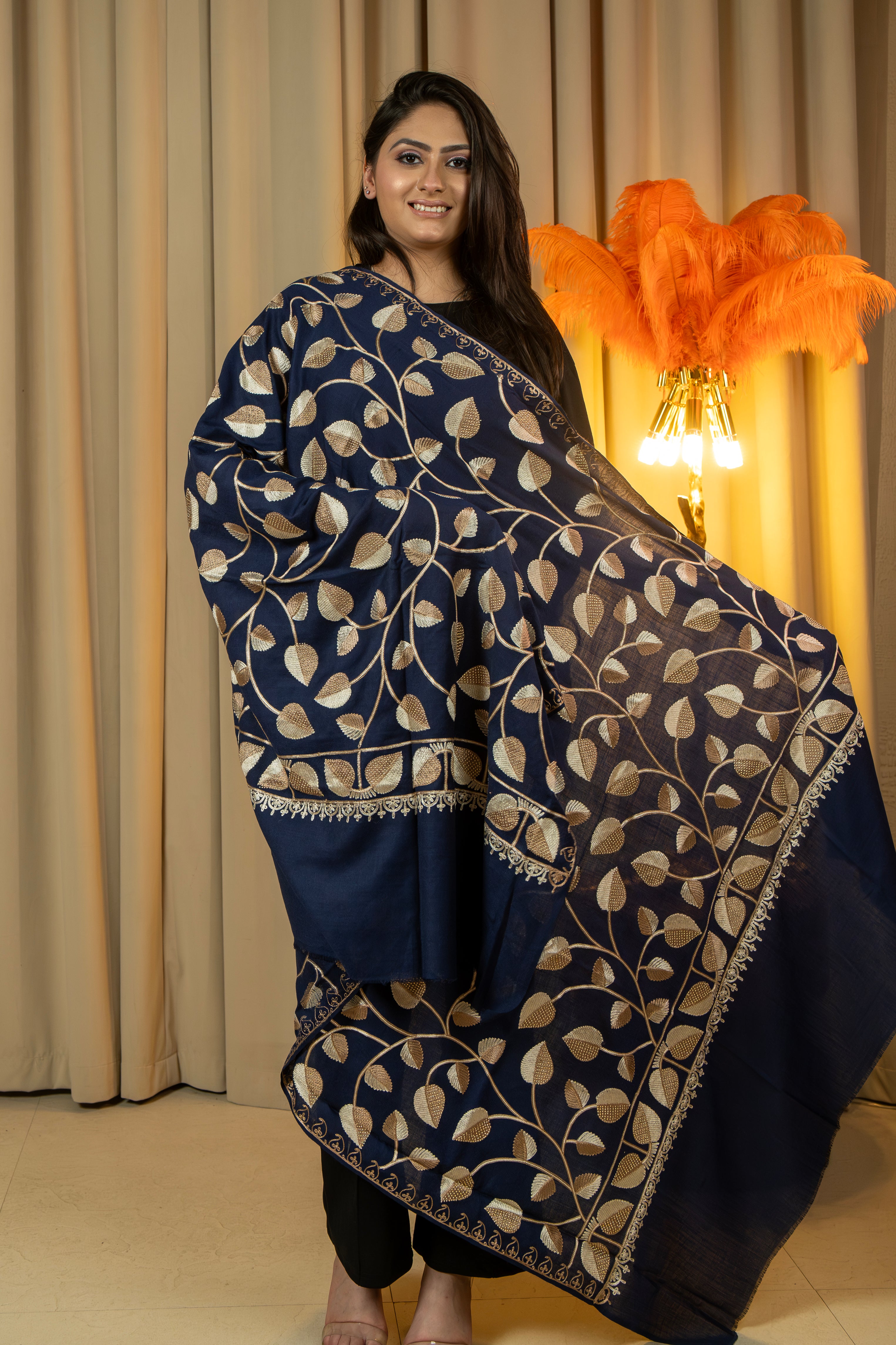 Aari Embroidered Navy Poly Wool Shawl With Swarovski For Women
