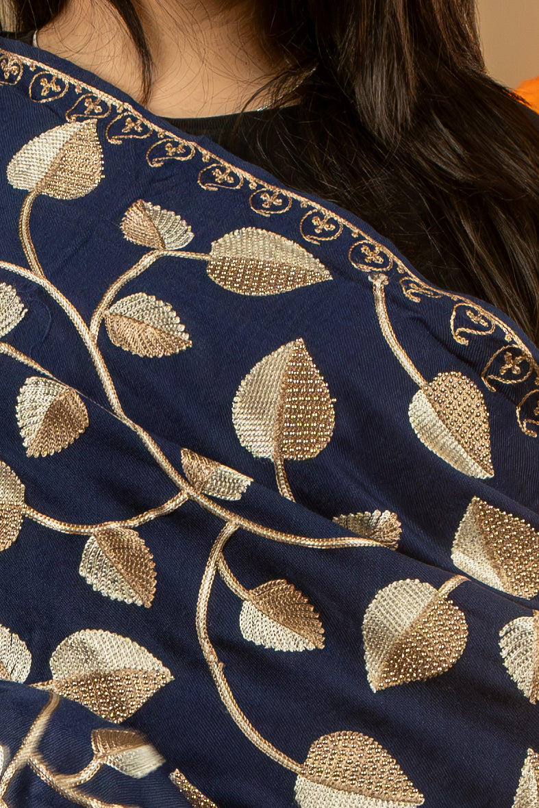 Aari Embroidered Navy Poly Wool Shawl With Swarovski For Women