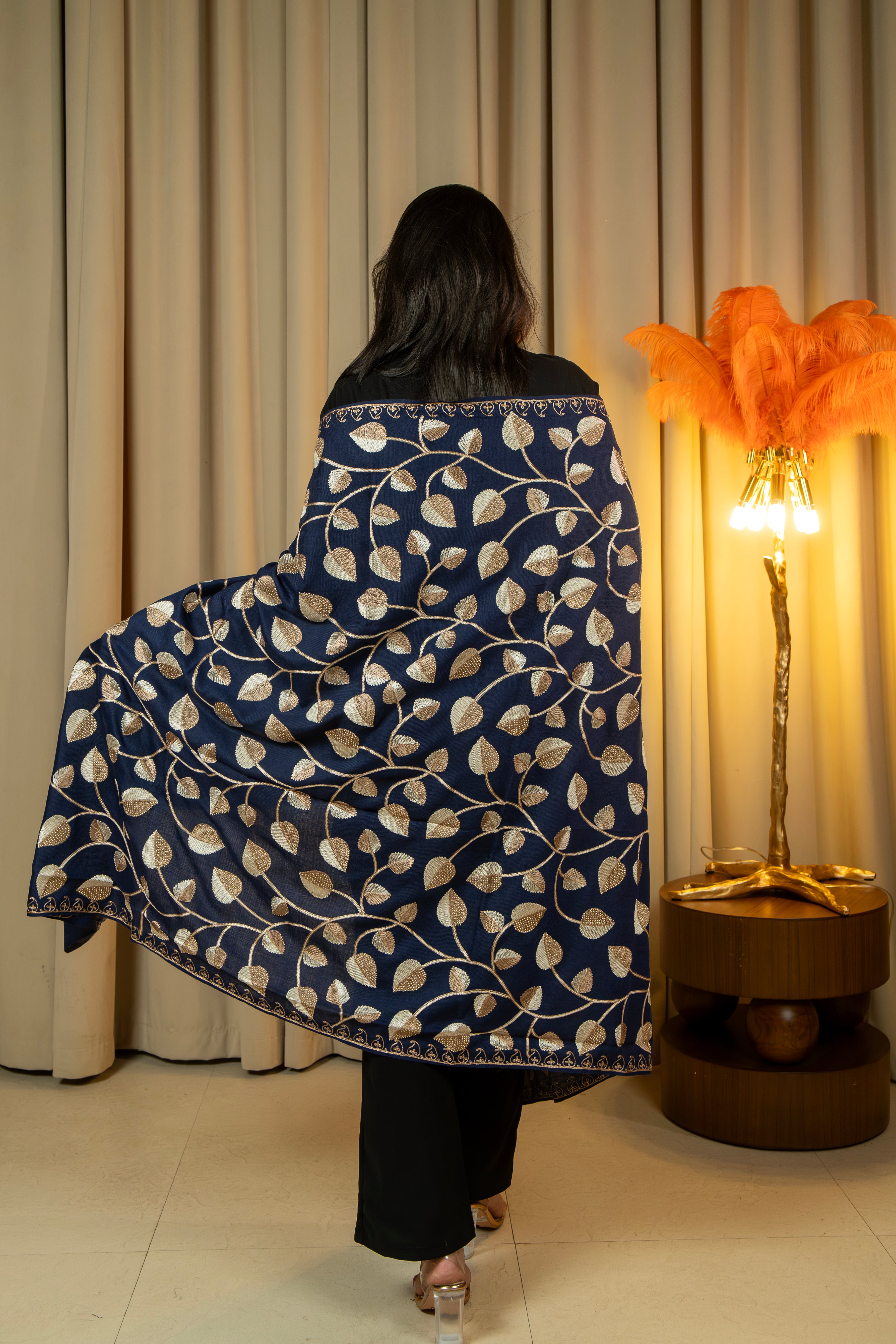 Aari Embroidered Navy Poly Wool Shawl With Swarovski For Women