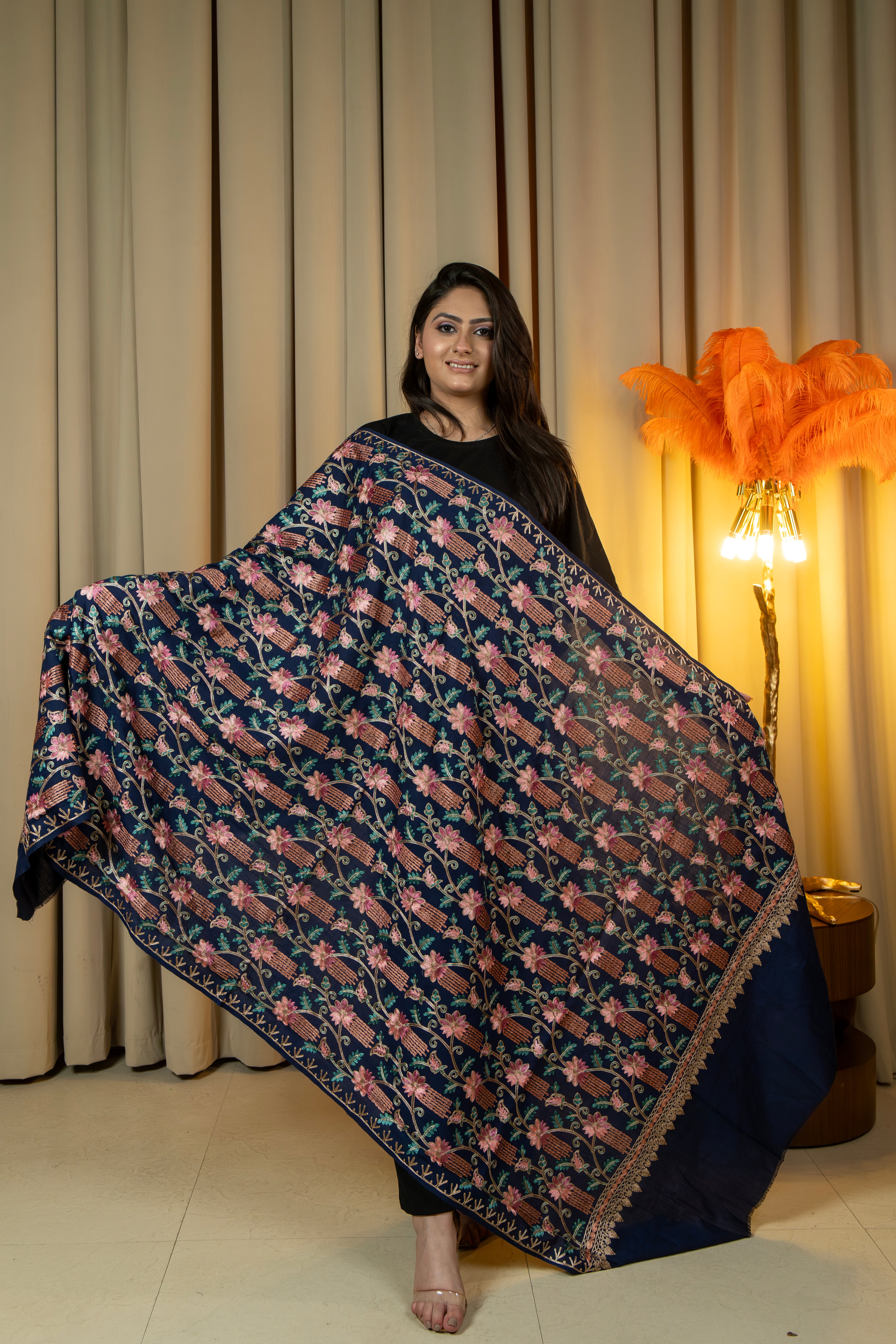 Aari Embroidered Navy Poly Wool Shawl For Women