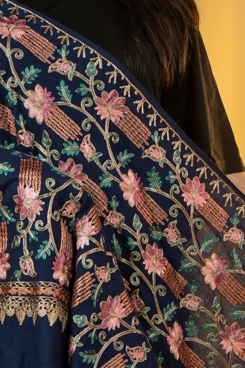 Aari Embroidered Navy Poly Wool Shawl For Women
