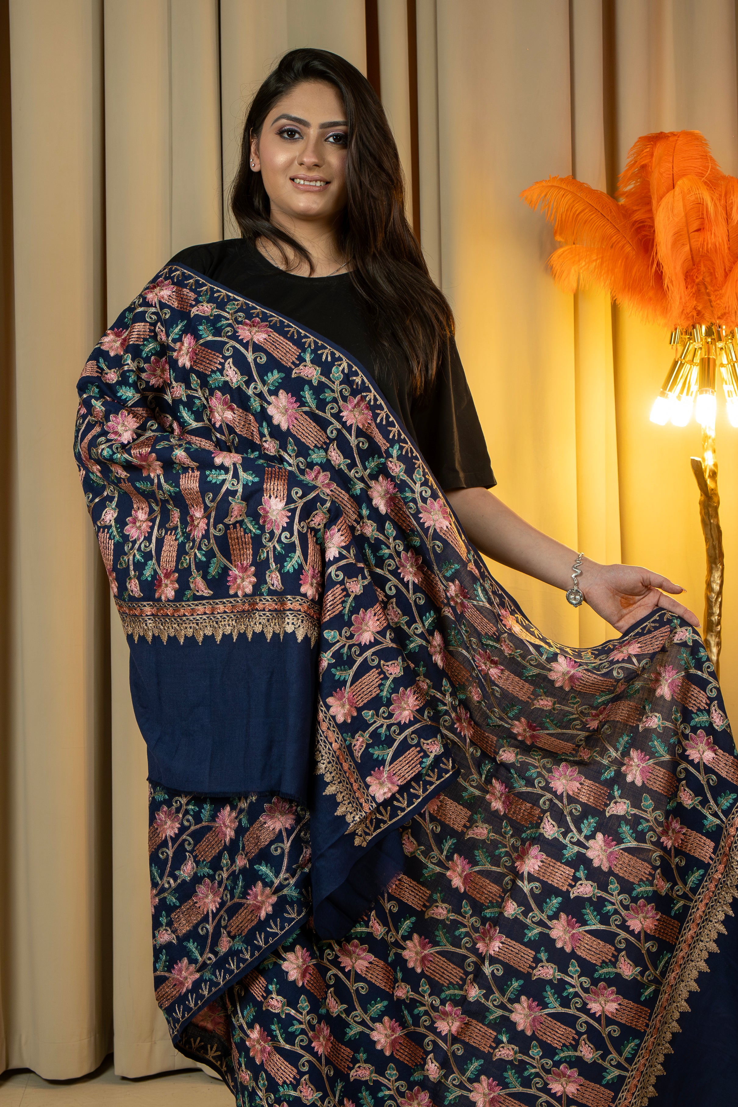 Aari Embroidered Navy Poly Wool Shawl For Women