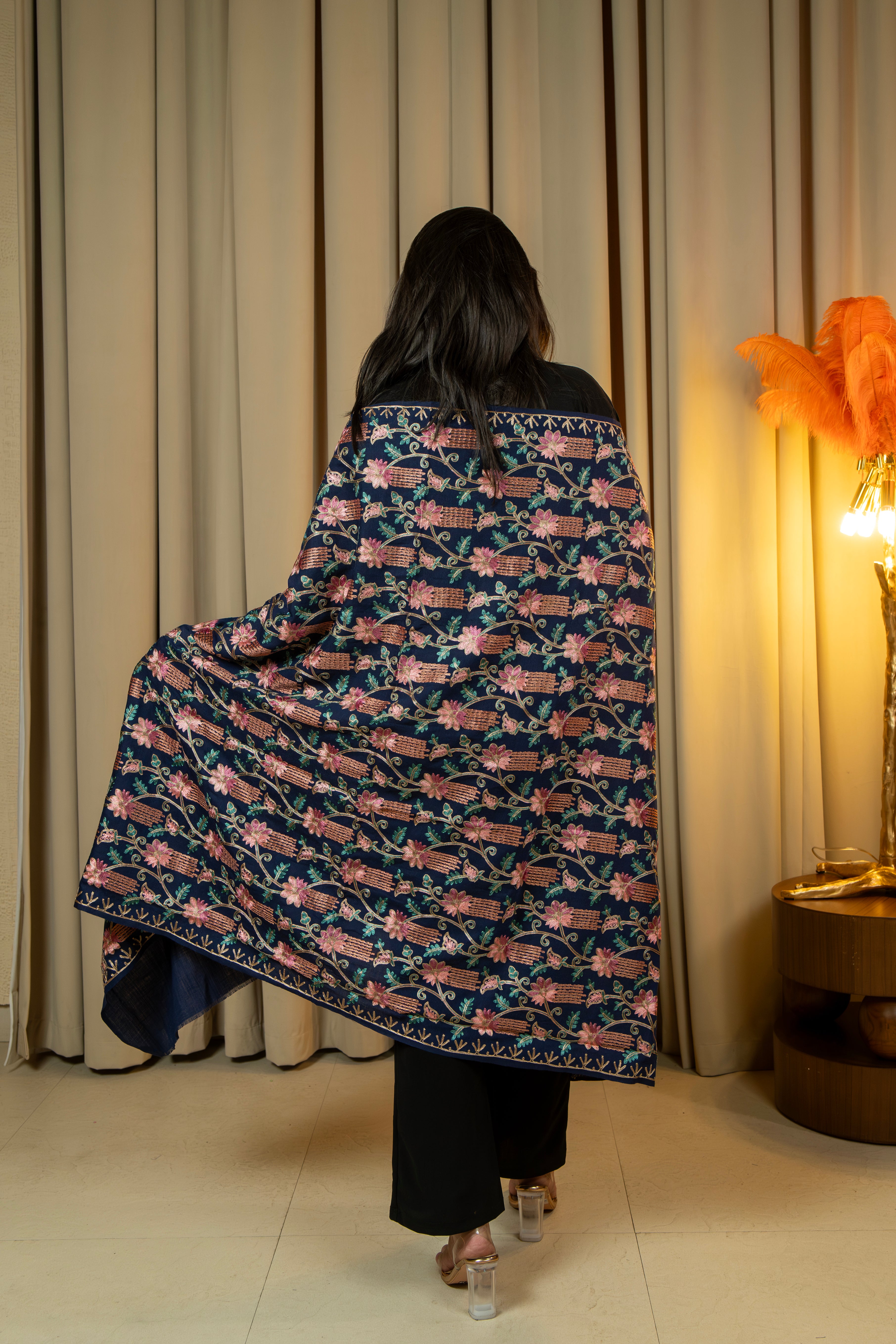 Aari Embroidered Navy Poly Wool Shawl For Women