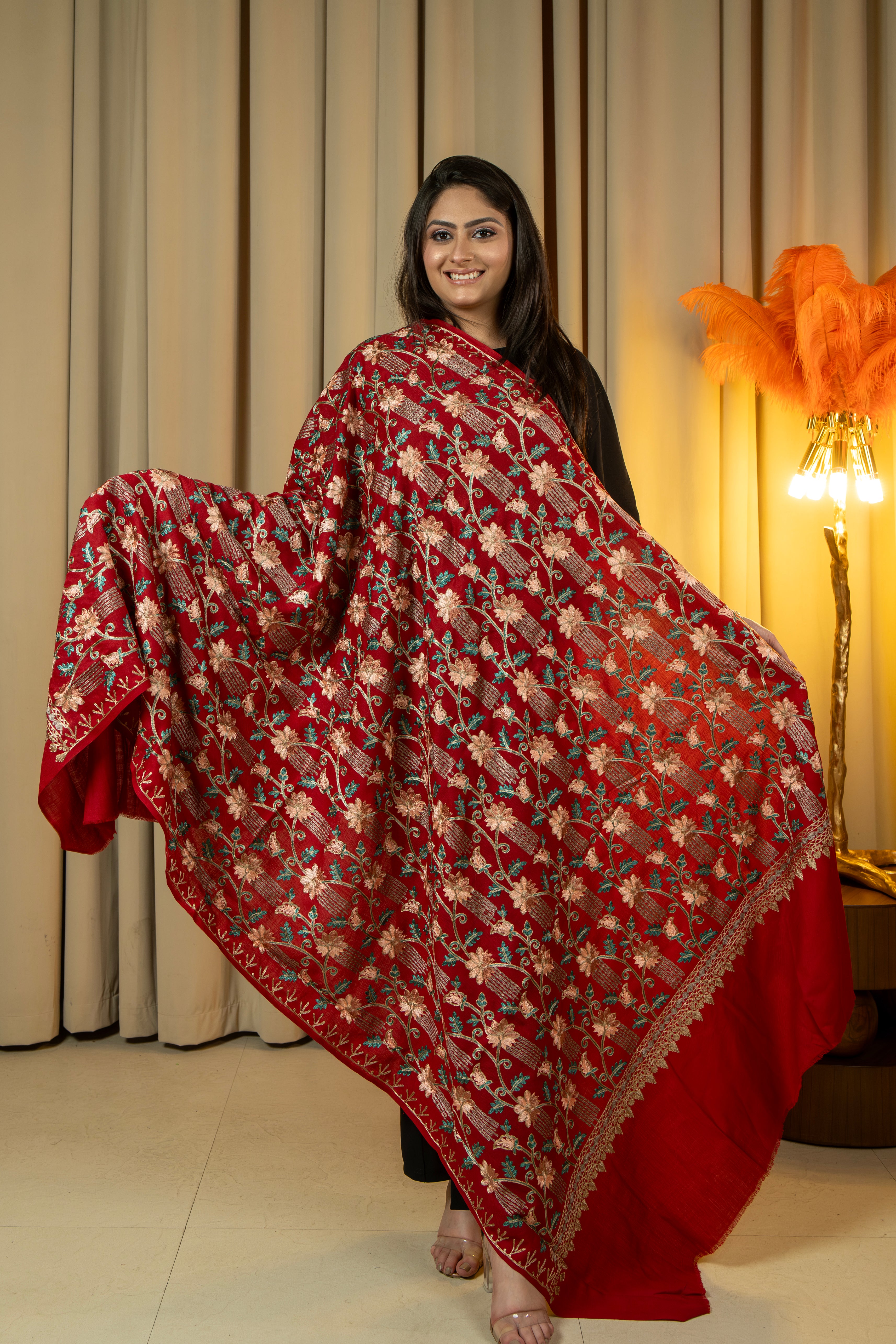 Aari Embroidered Red Poly Wool Shawl For Women