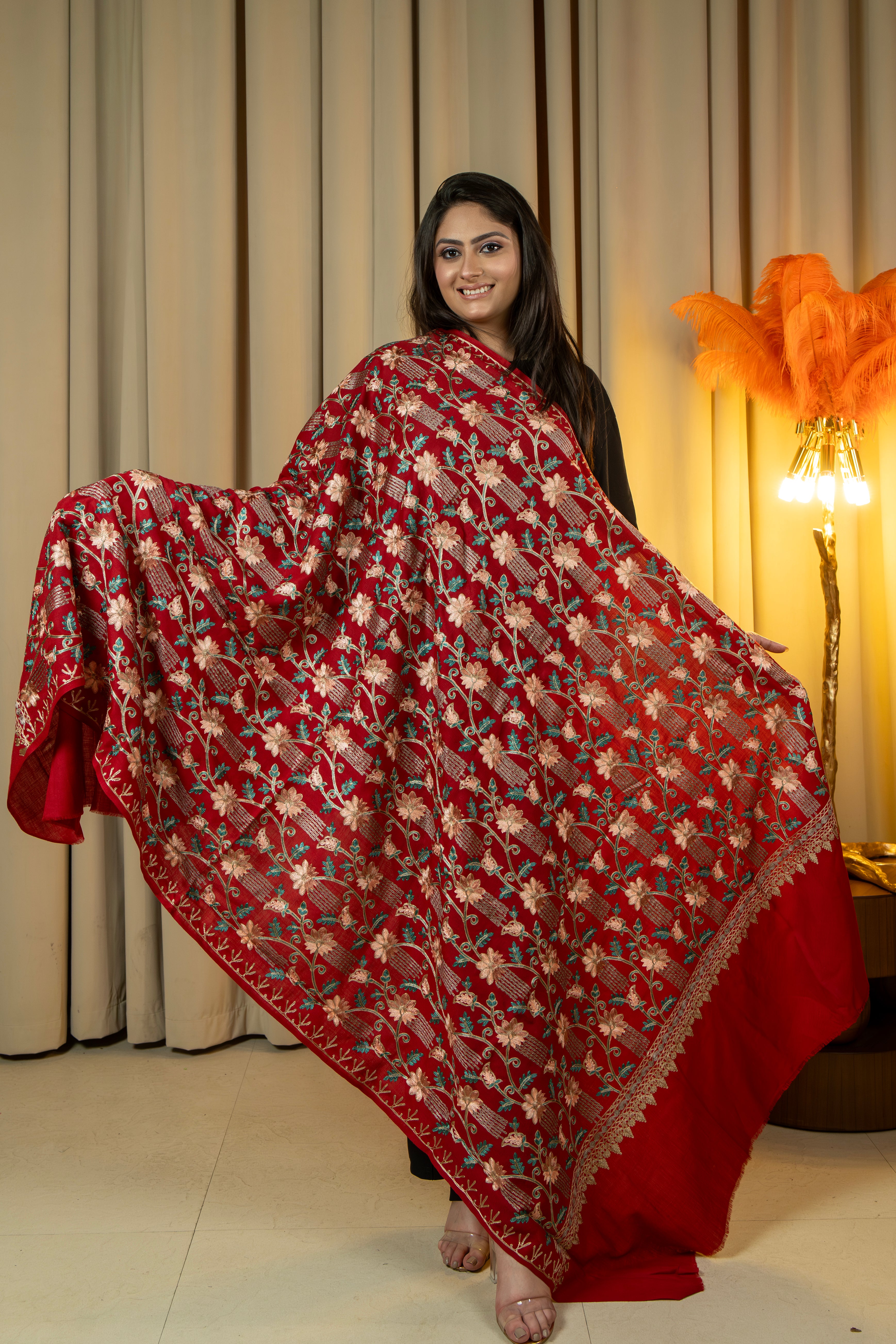 Aari Embroidered Red Poly Wool Shawl For Women