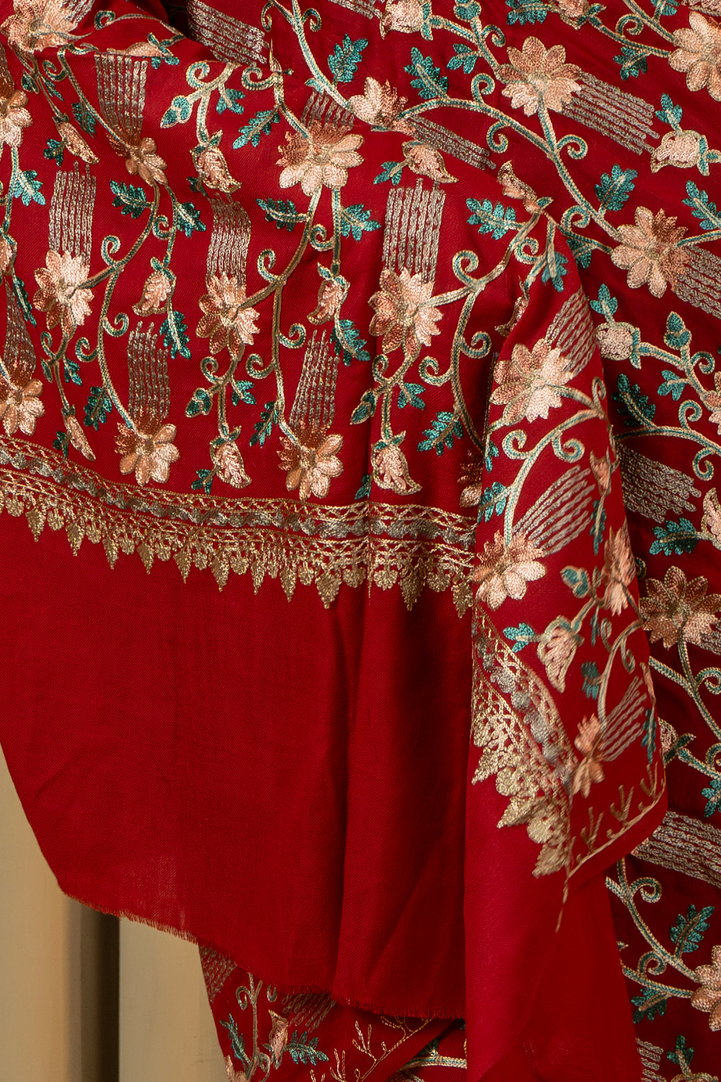 Aari Embroidered Red Poly Wool Shawl For Women
