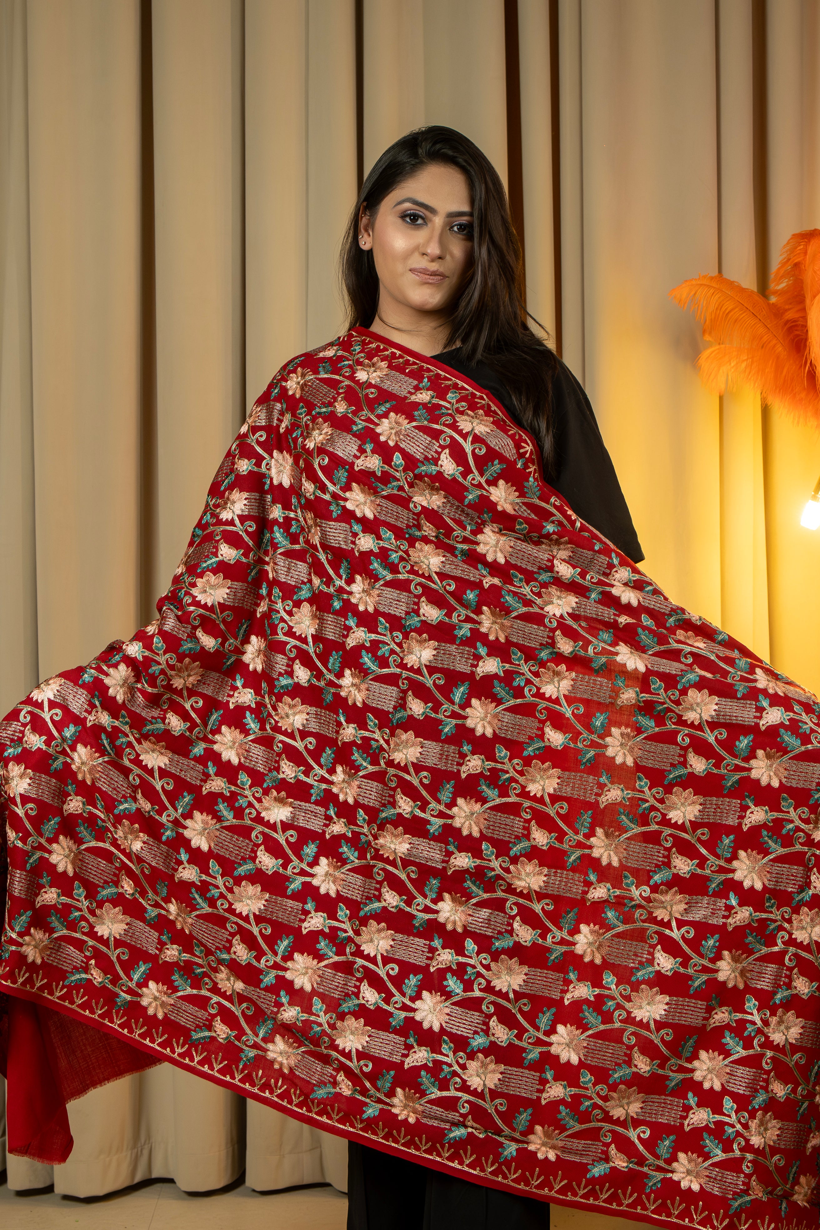 Aari Embroidered Red Poly Wool Shawl For Women