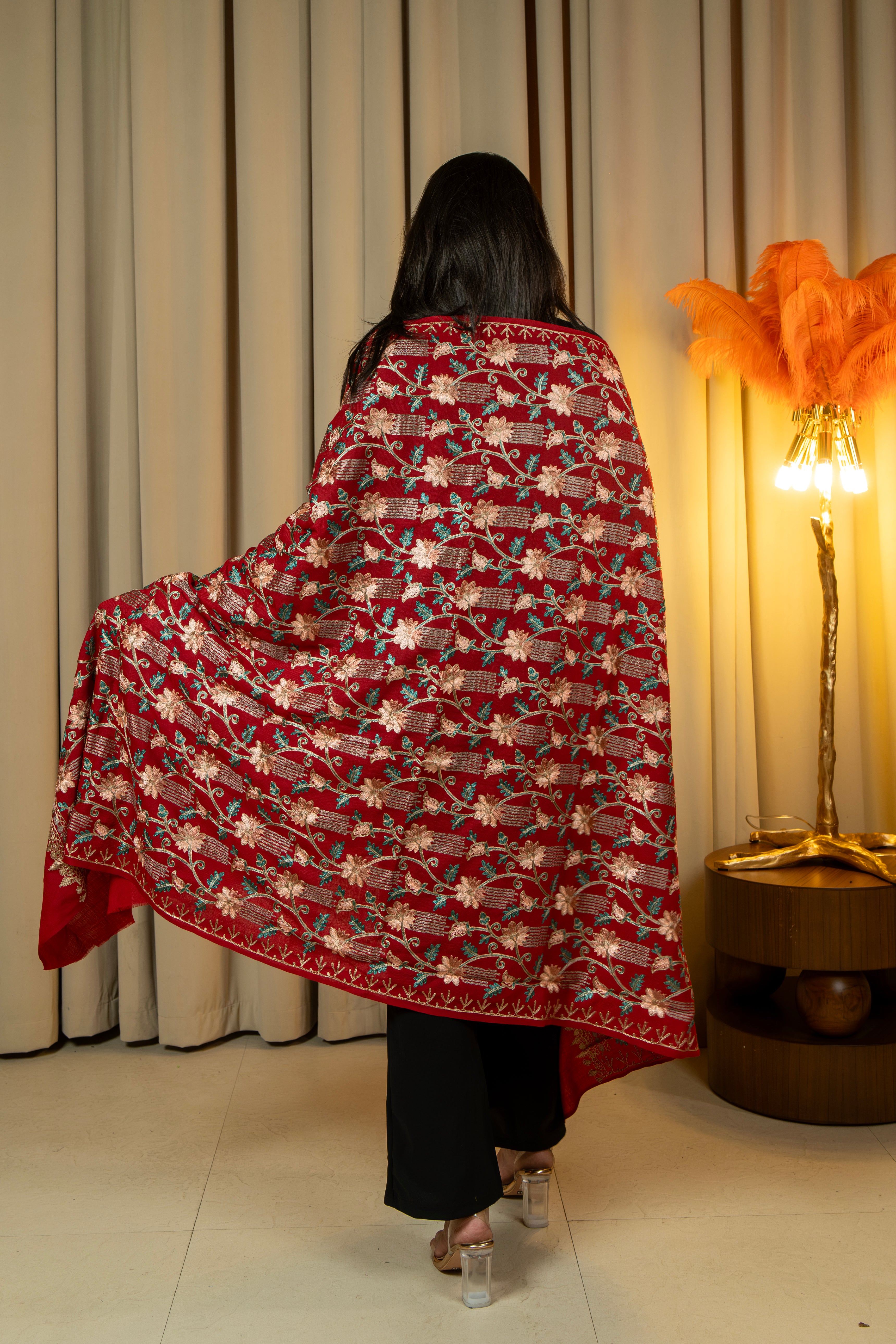 Aari Embroidered Red Poly Wool Shawl For Women