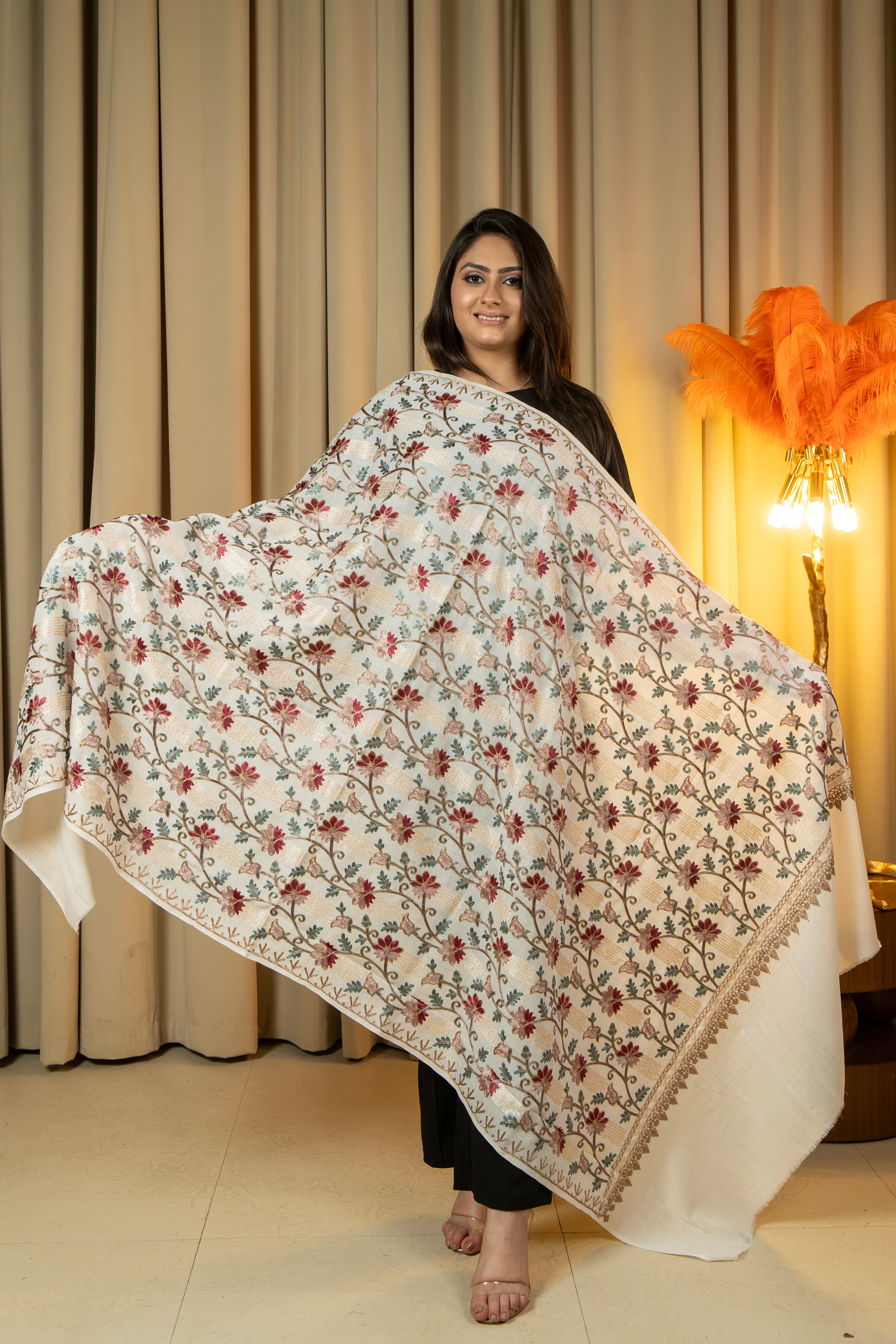 Aari Embroidered White Poly Wool Shawl For Women