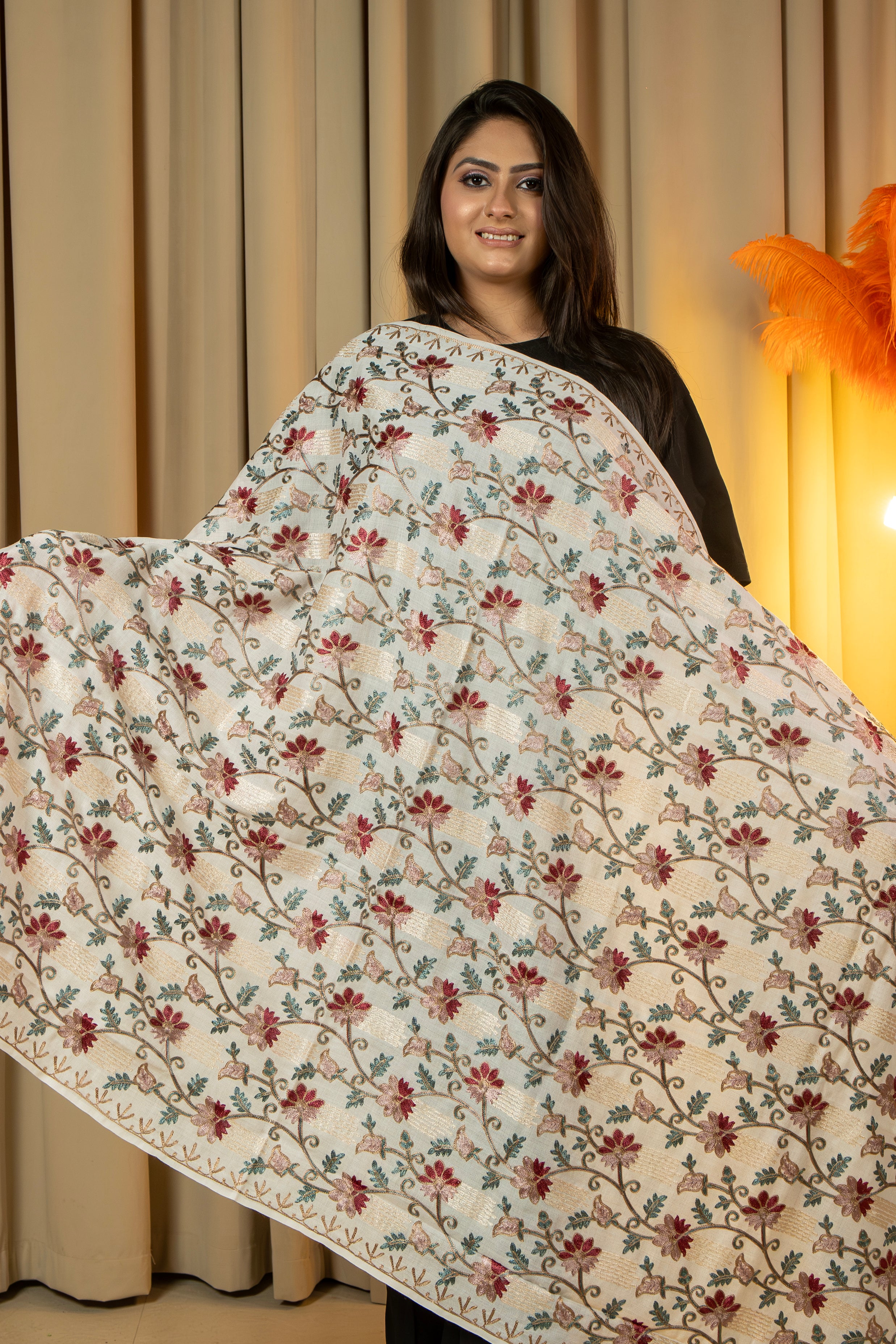 Aari Embroidered White Poly Wool Shawl For Women