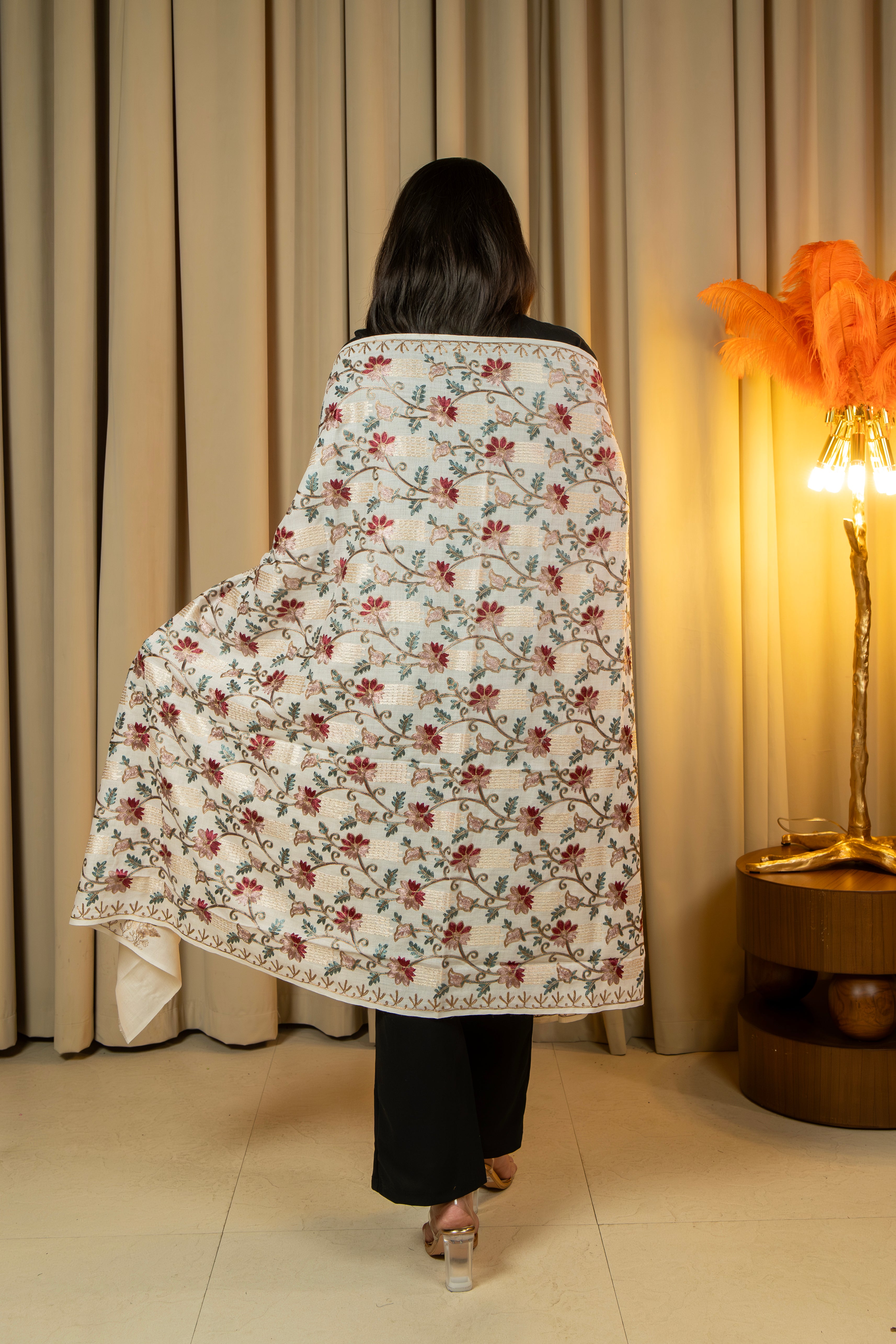 Aari Embroidered White Poly Wool Shawl For Women