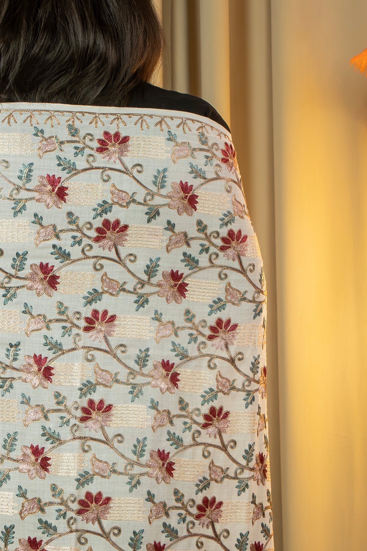 Aari Embroidered White Poly Wool Shawl For Women