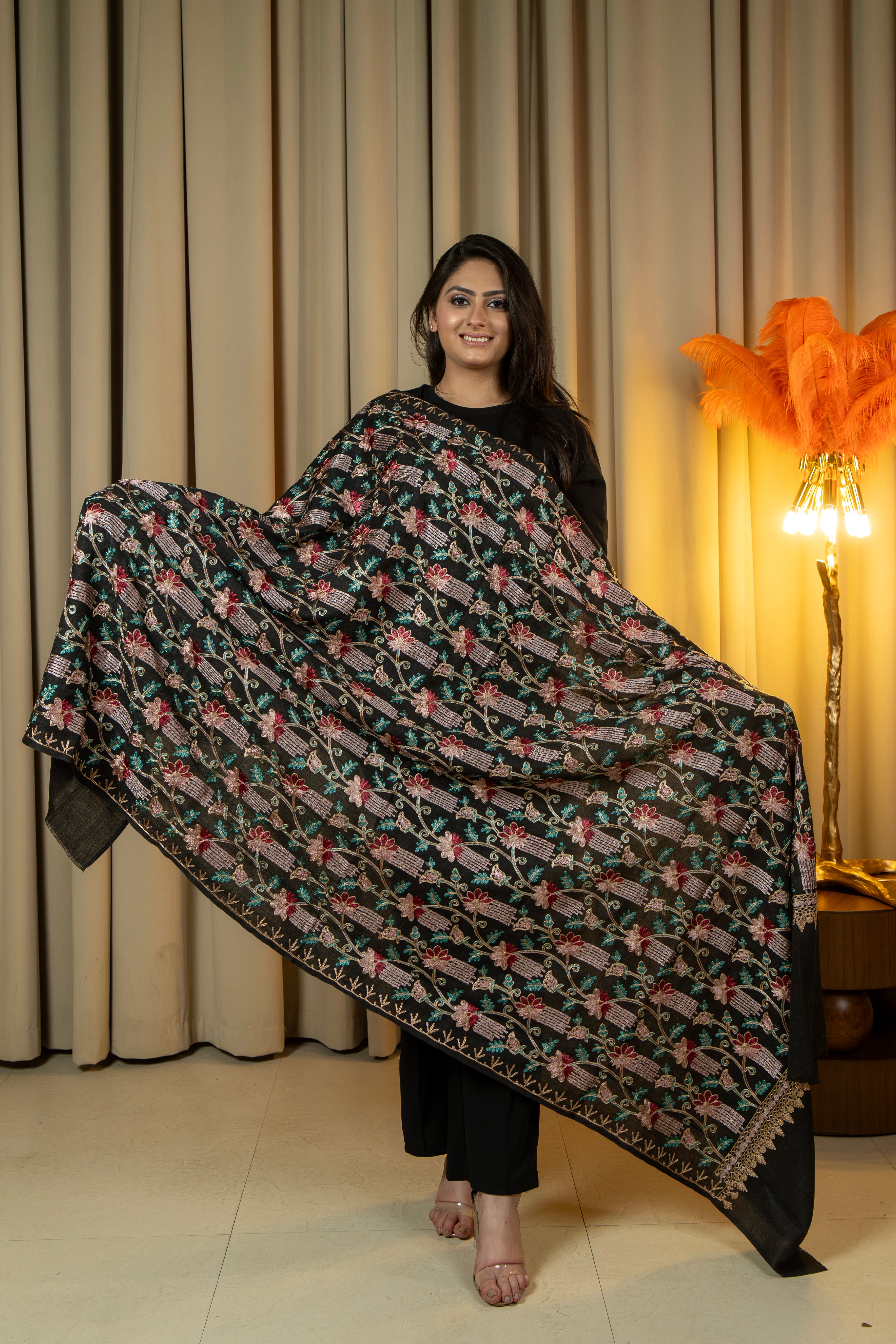 Aari Embroidered Black Poly Wool Shawl For Women