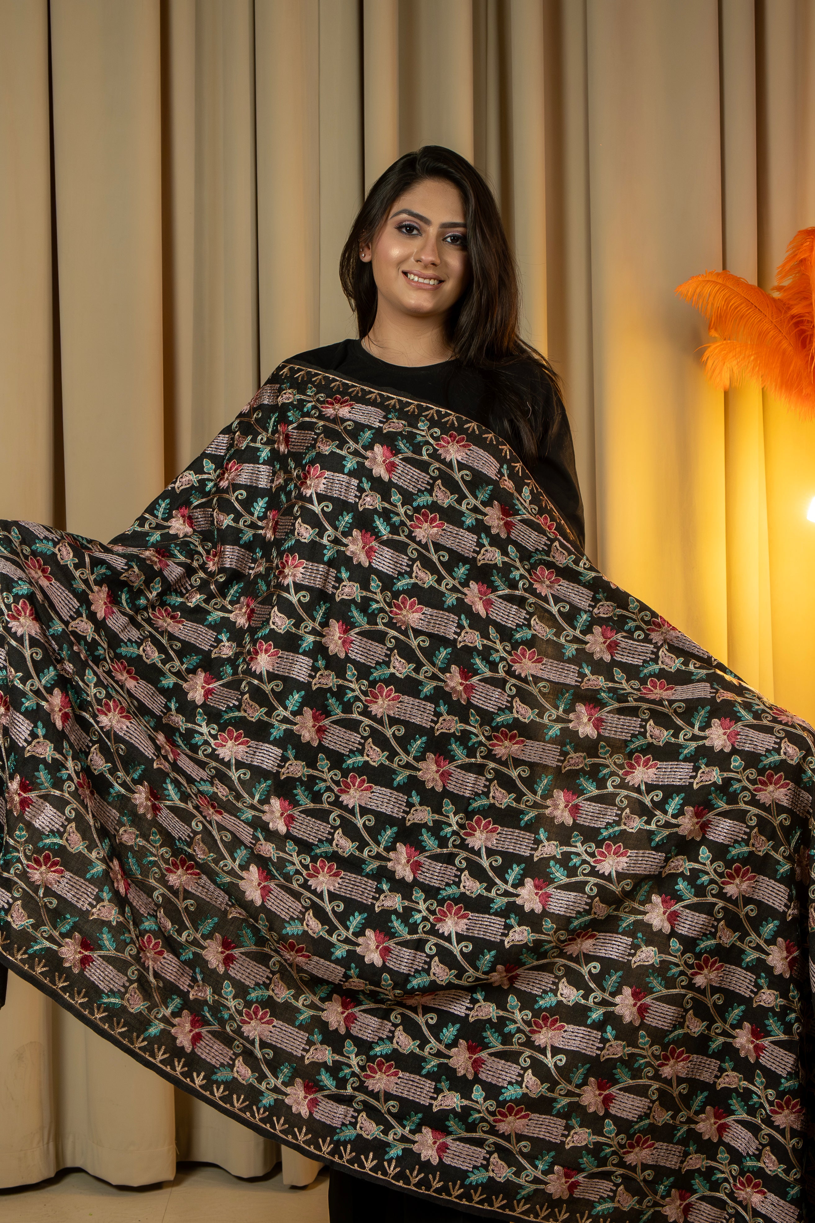 Aari Embroidered Black Poly Wool Shawl For Women