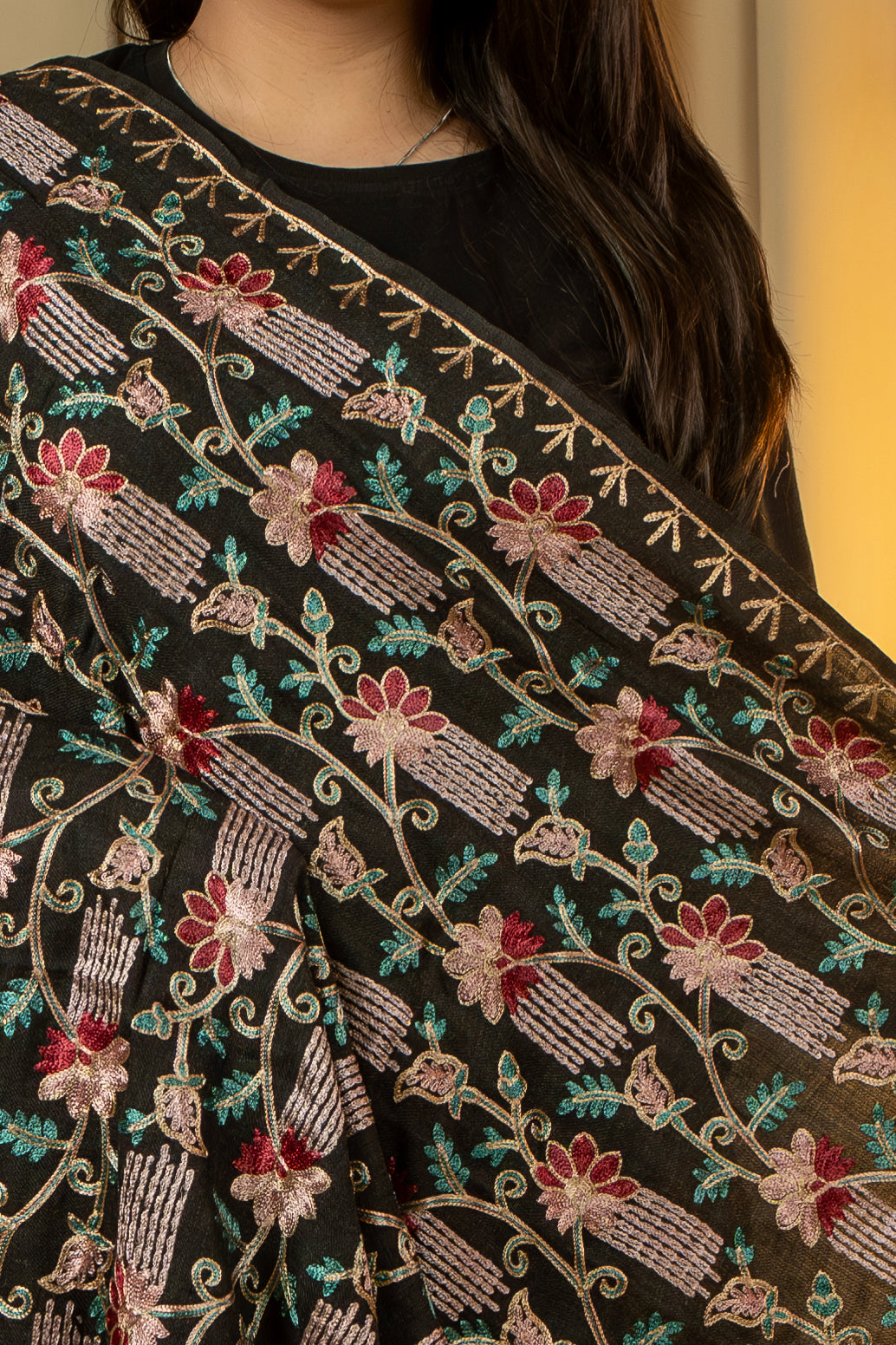 Aari Embroidered Black Poly Wool Shawl For Women