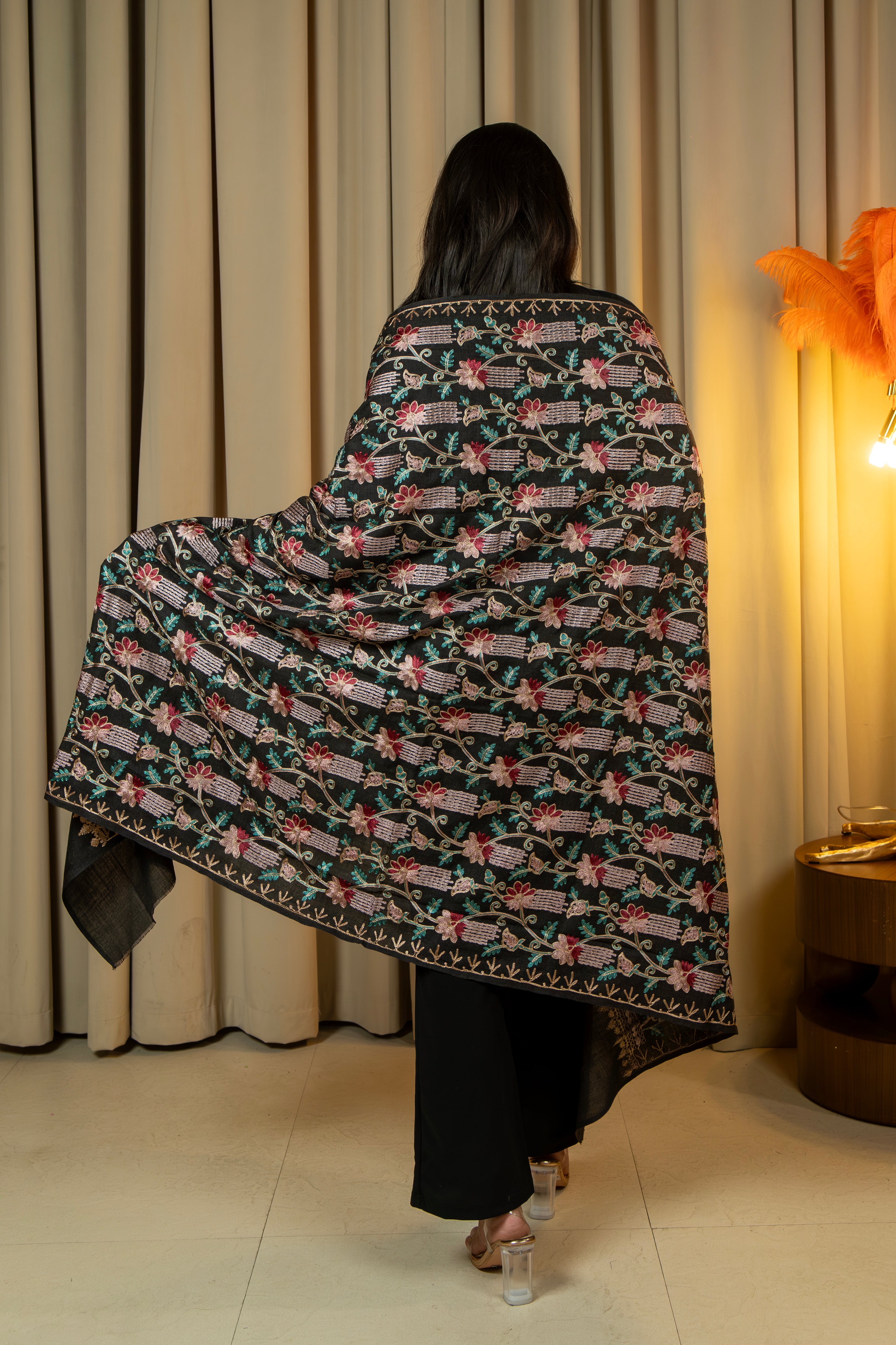 Aari Embroidered Black Poly Wool Shawl For Women