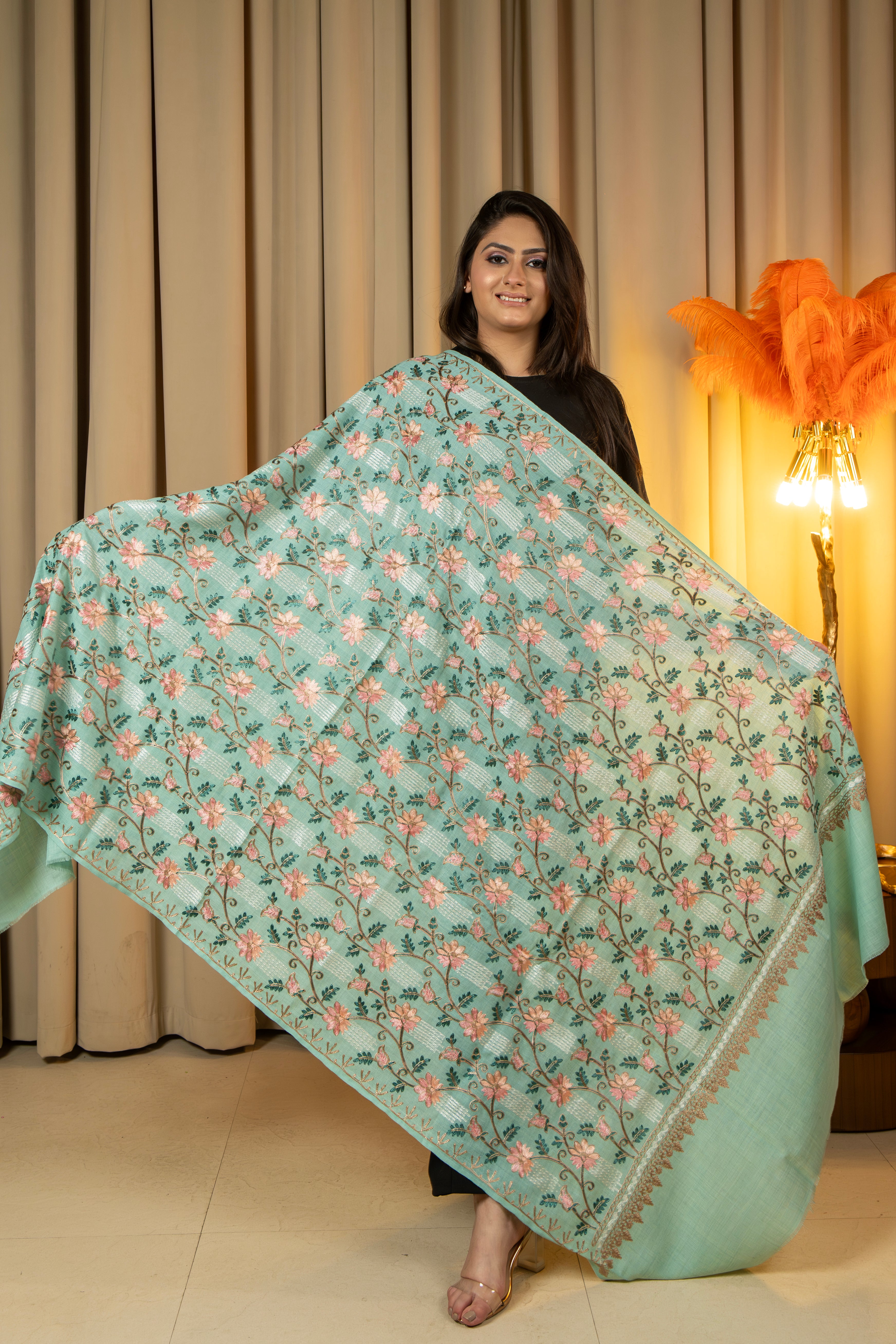 Aari Embroidered Green Poly Wool Shawl For Women