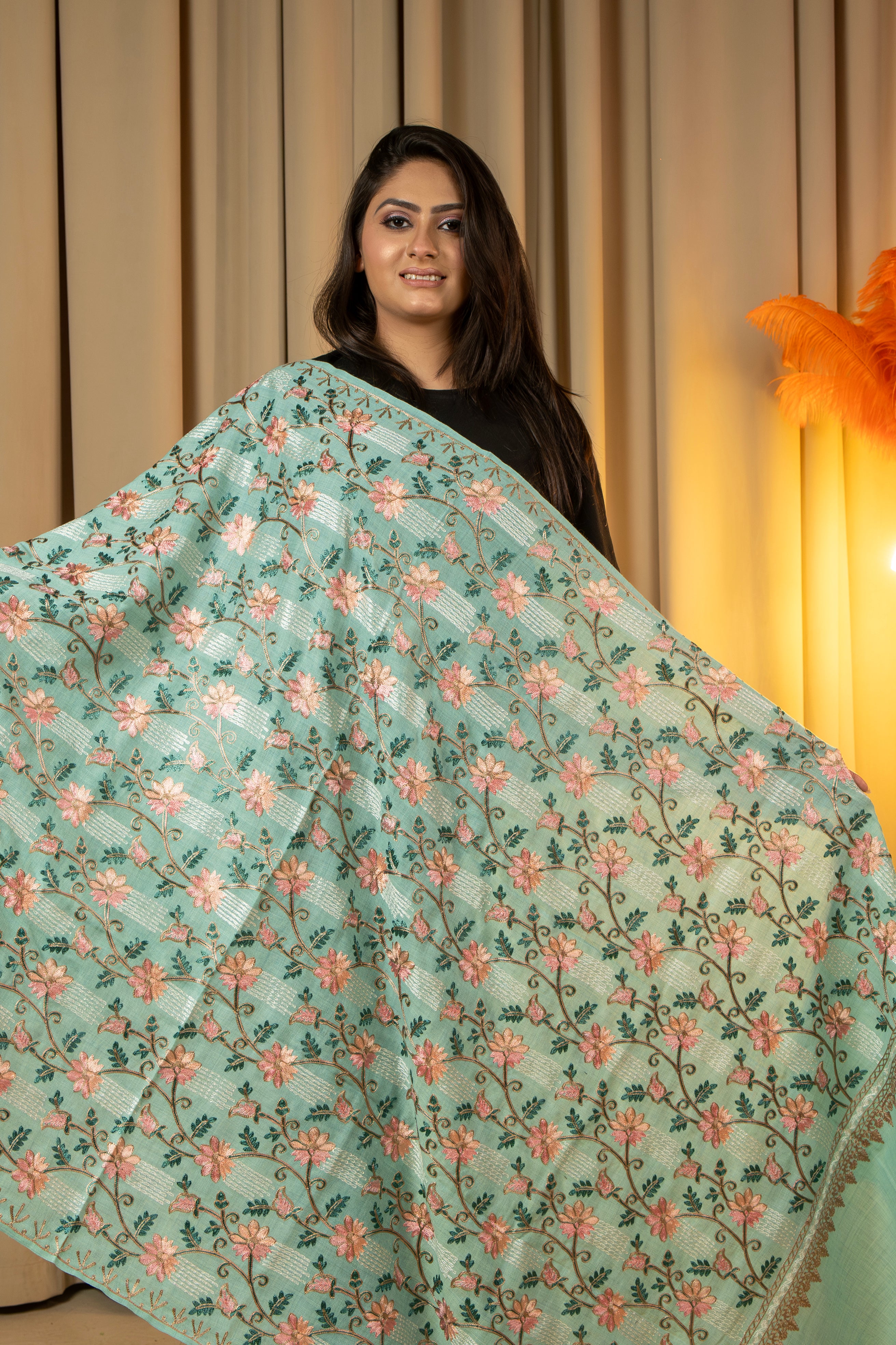 Aari Embroidered Green Poly Wool Shawl For Women