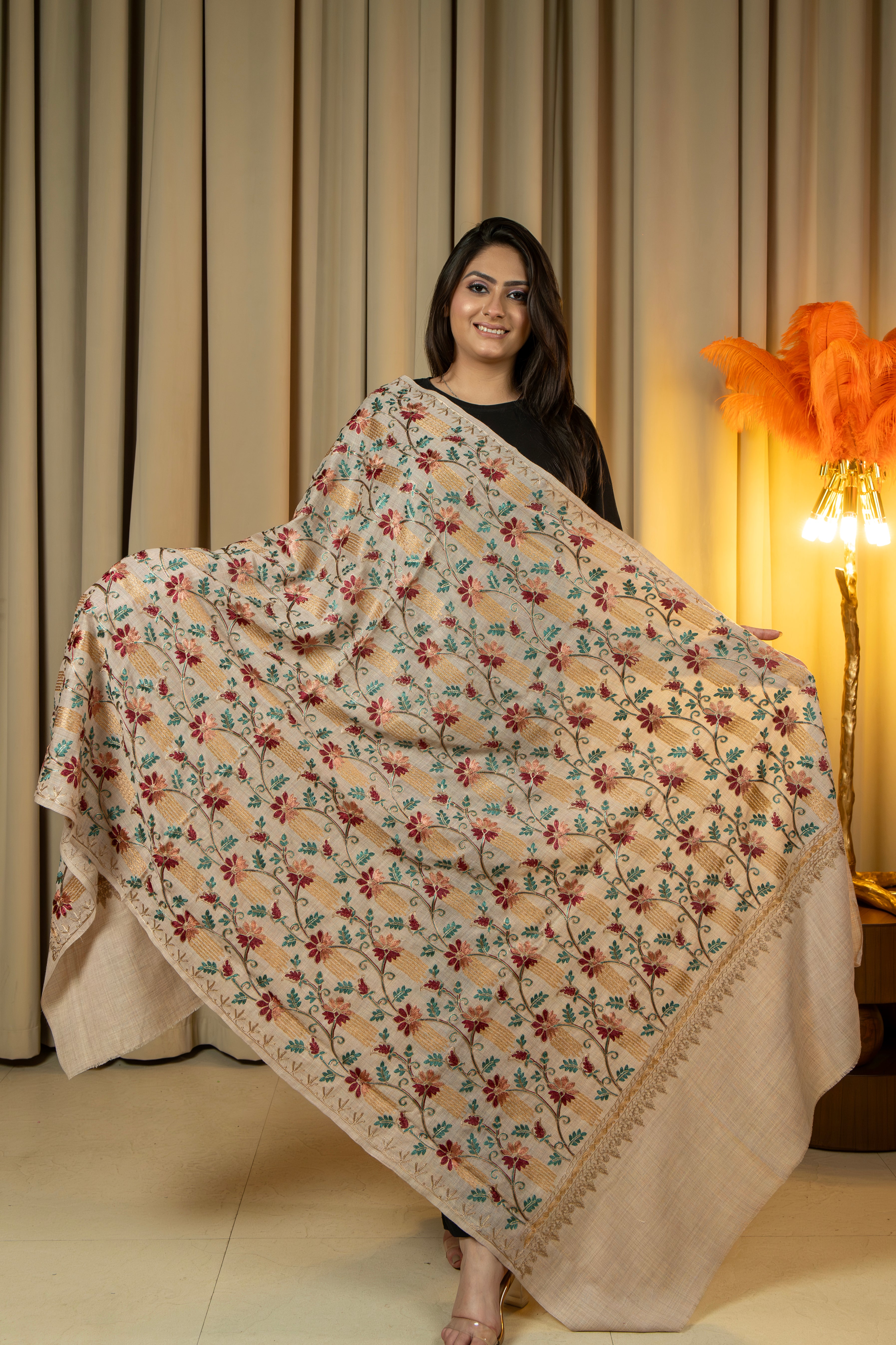 Aari Embroidered Beige Poly Wool Shawl For Women