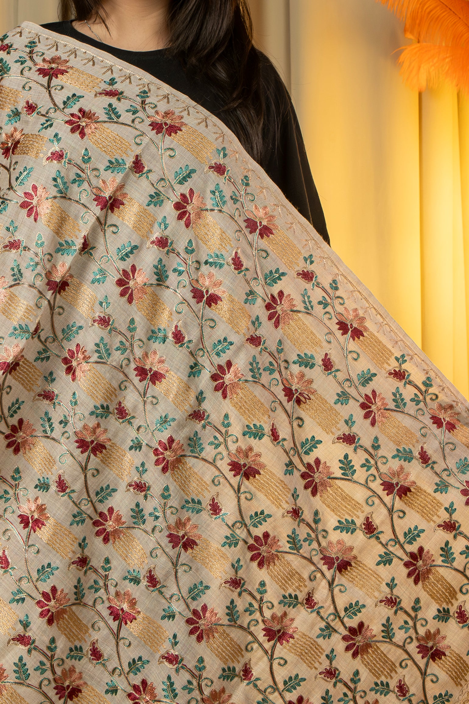 Aari Embroidered Beige Poly Wool Shawl For Women