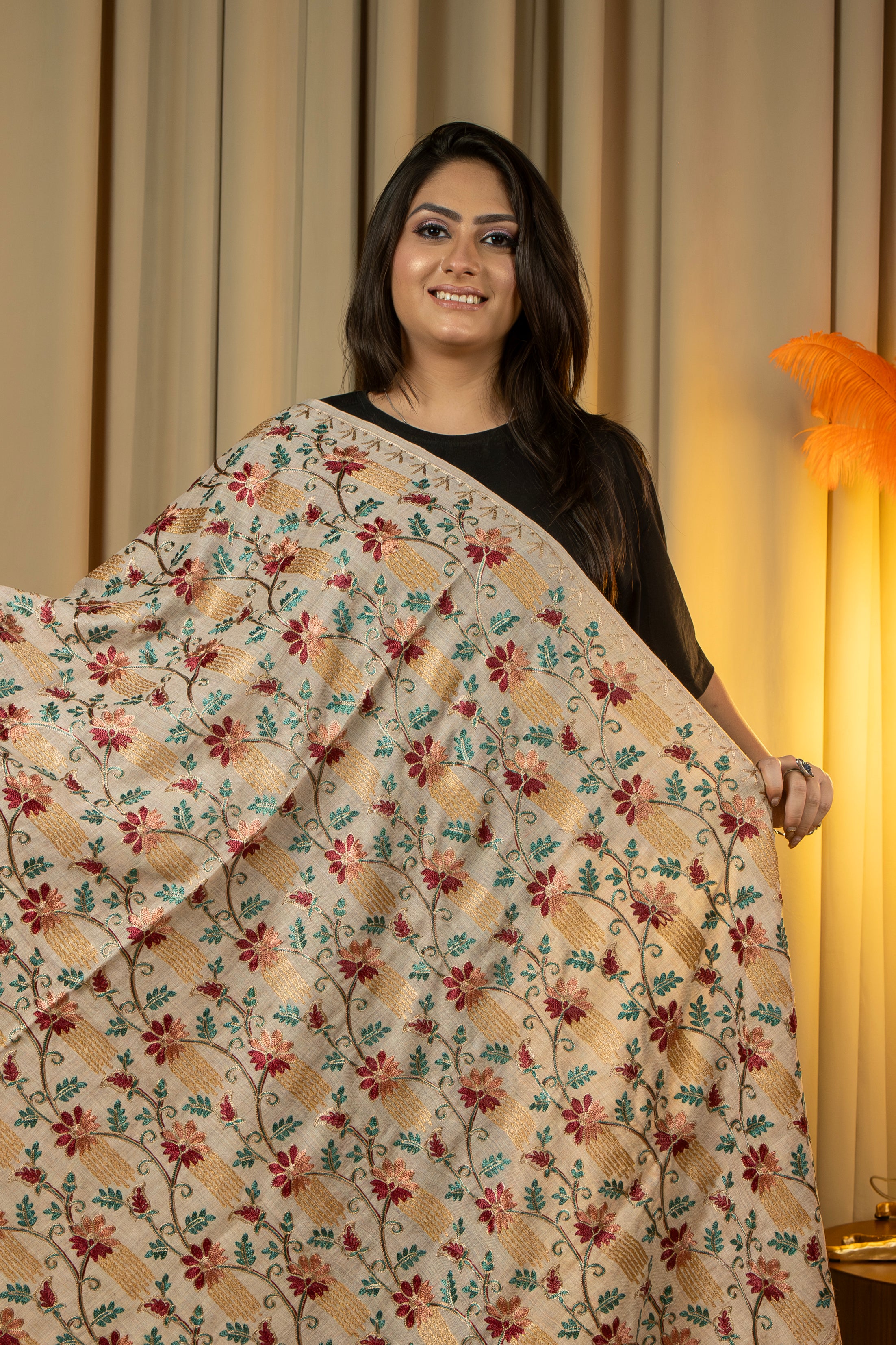 Aari Embroidered Beige Poly Wool Shawl For Women