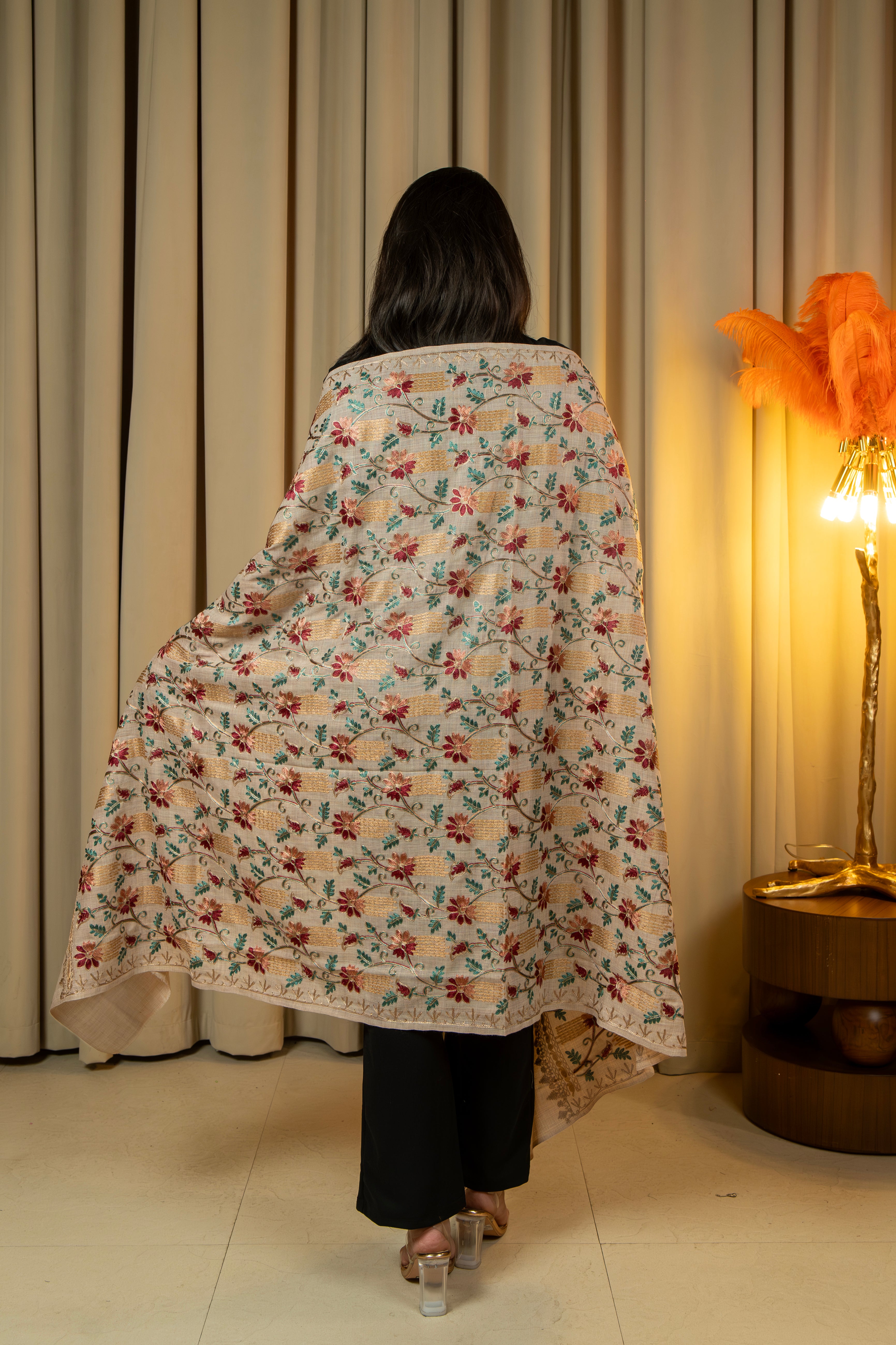 Aari Embroidered Beige Poly Wool Shawl For Women