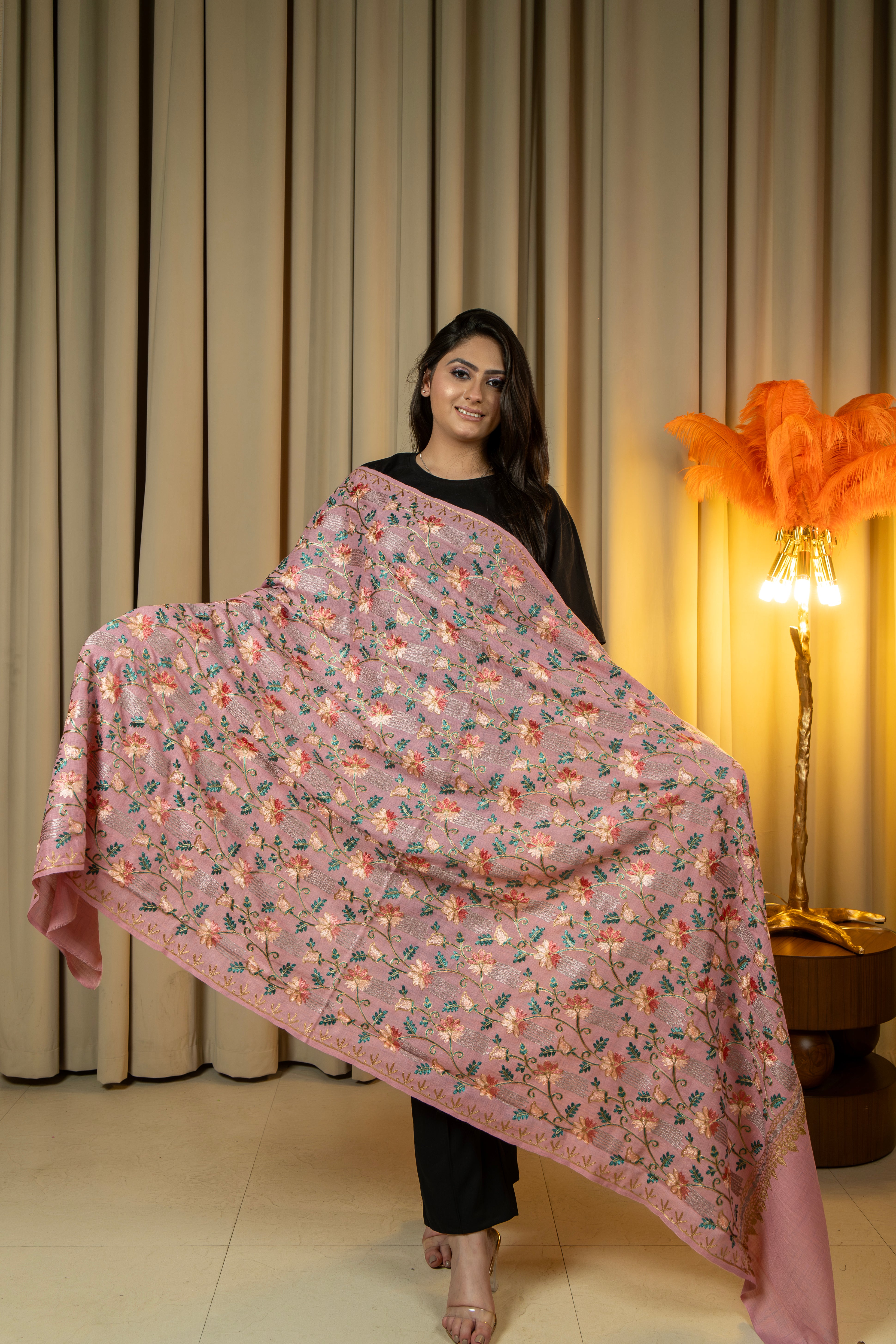 Aari Embroidered Pink Poly Wool Shawl For Women