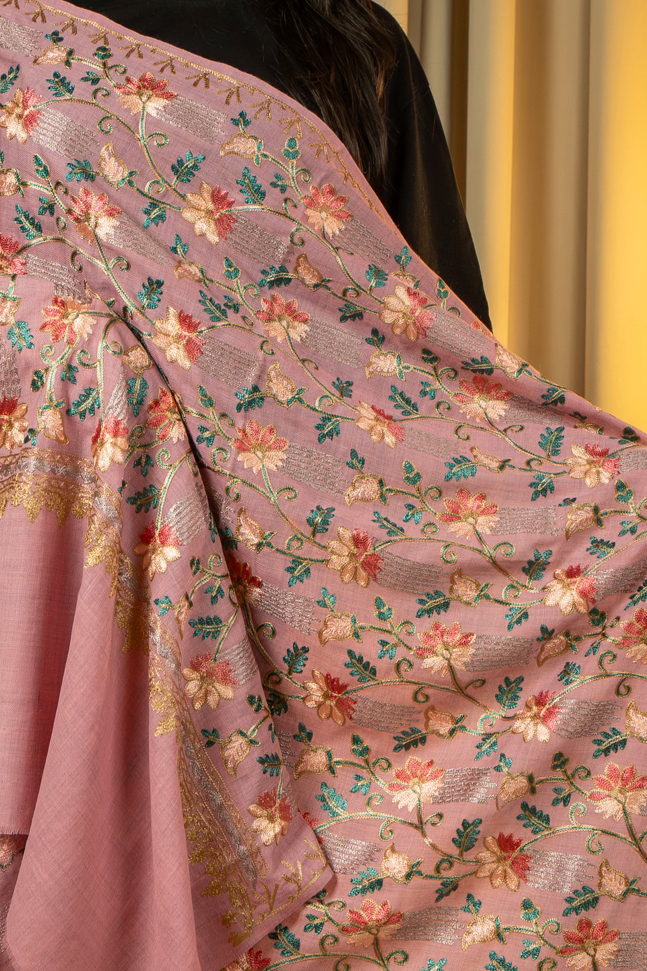 Aari Embroidered Pink Poly Wool Shawl For Women