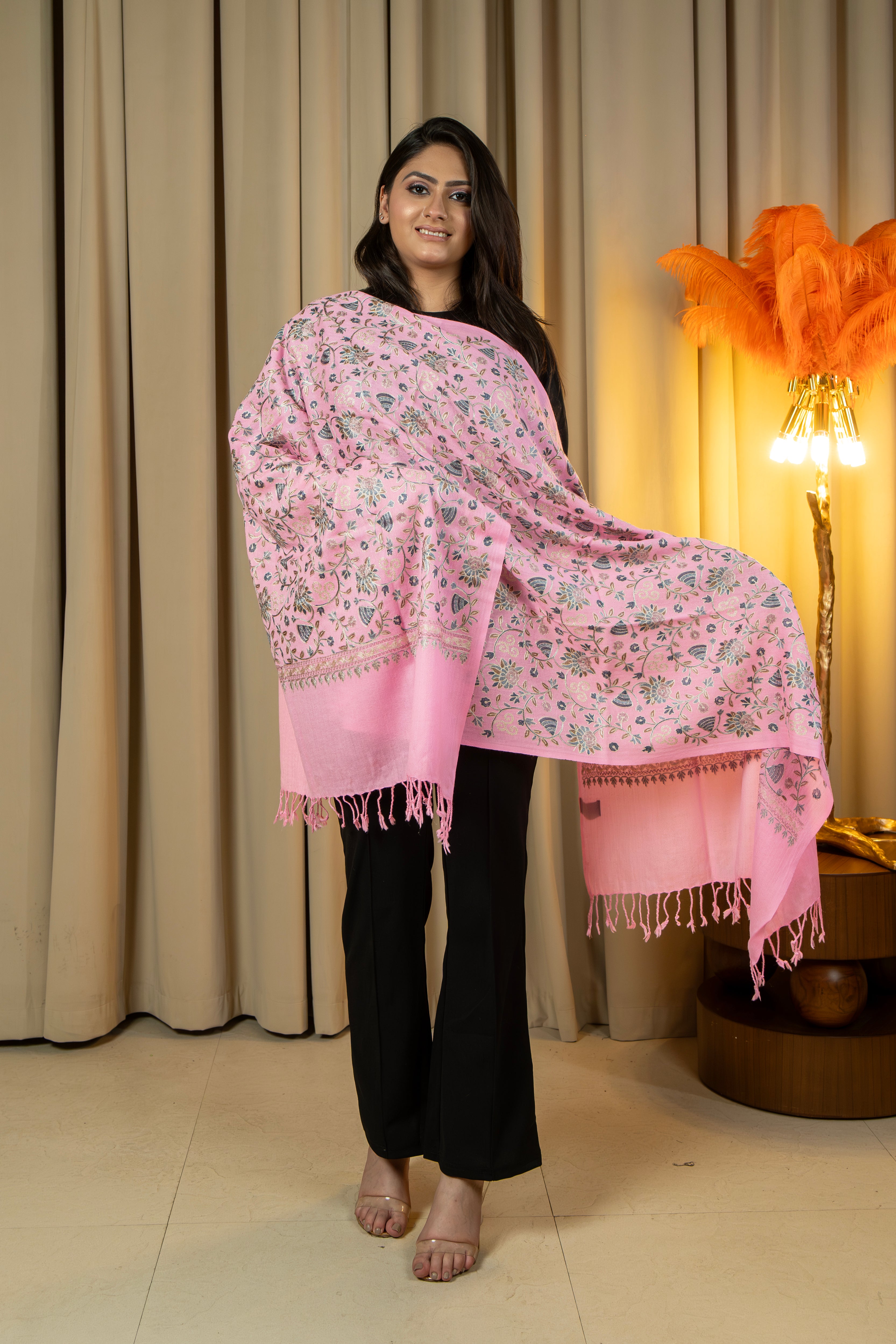 Aari Embroidered Pink Pure Wool Stole For Women