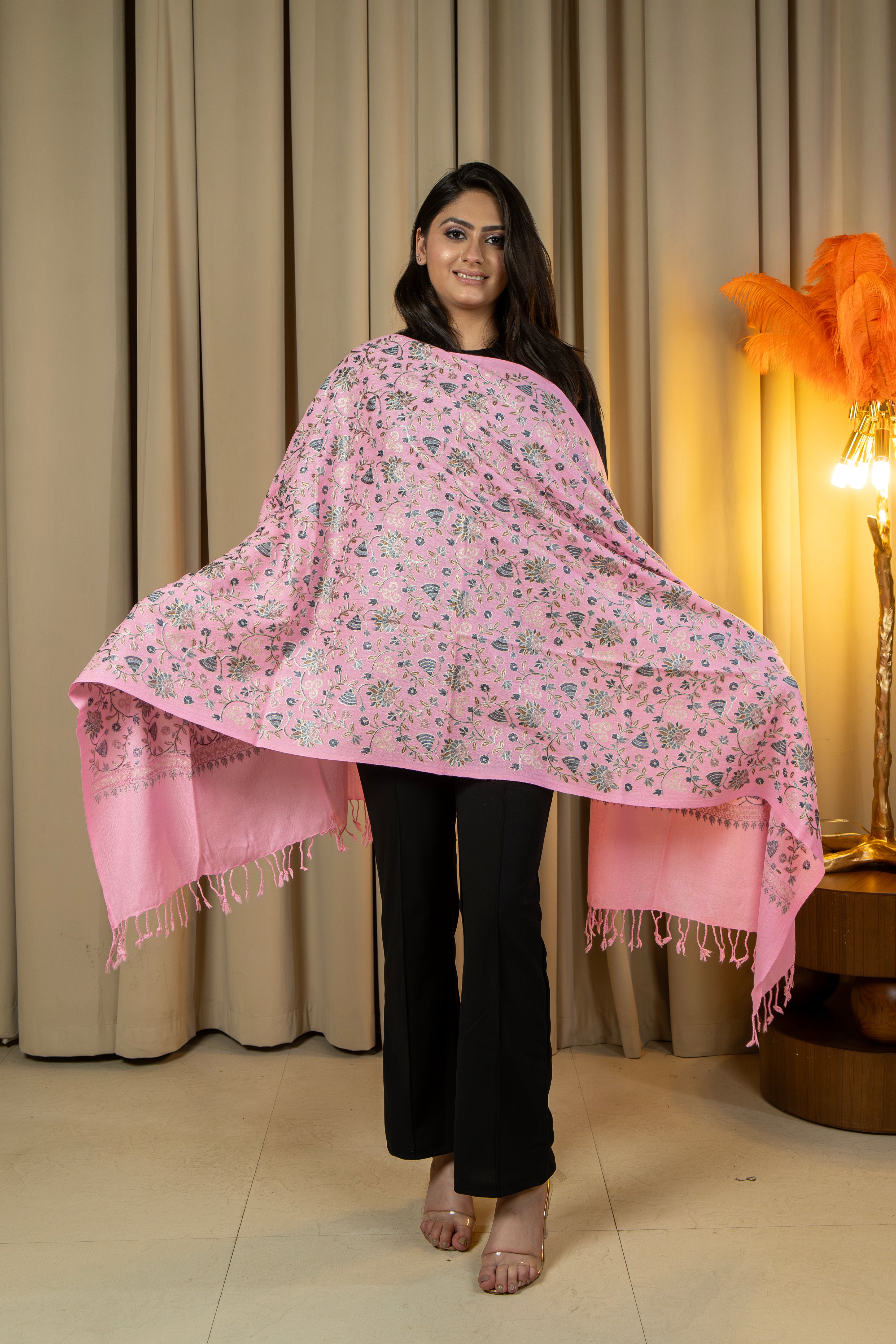 Aari Embroidered Pink Pure Wool Stole For Women